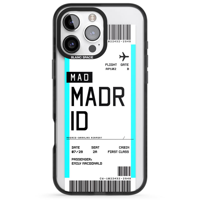 iPhone 16 Pro Max Personalised Madrid Boarding Pass Black Impact Phone Case