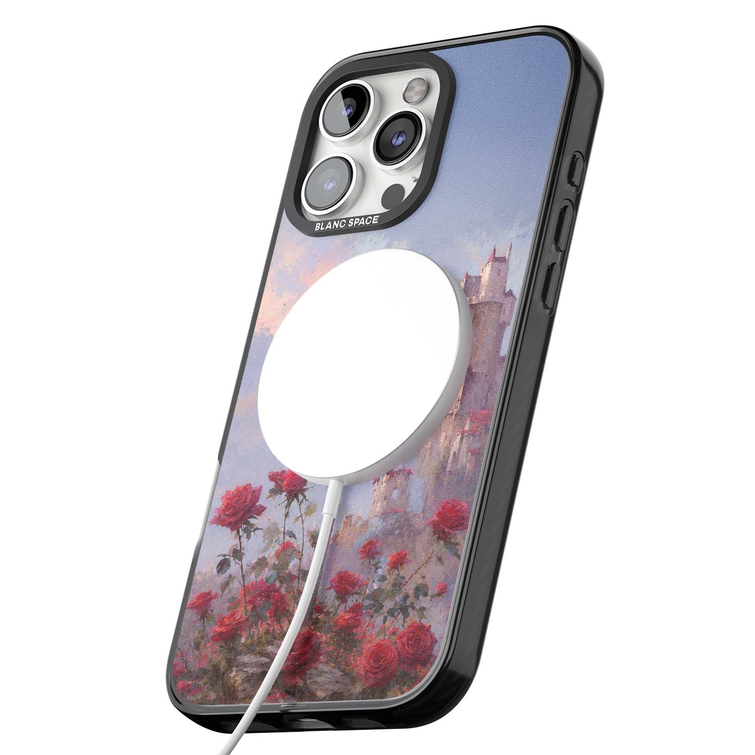 Sword in Roses medieval art iPhone case featuring a sword, red roses, and a misty fairytale castle at sunset | Black Impact Magsafe case for iPhone 16 Pro, iPhone 16 Pro Max