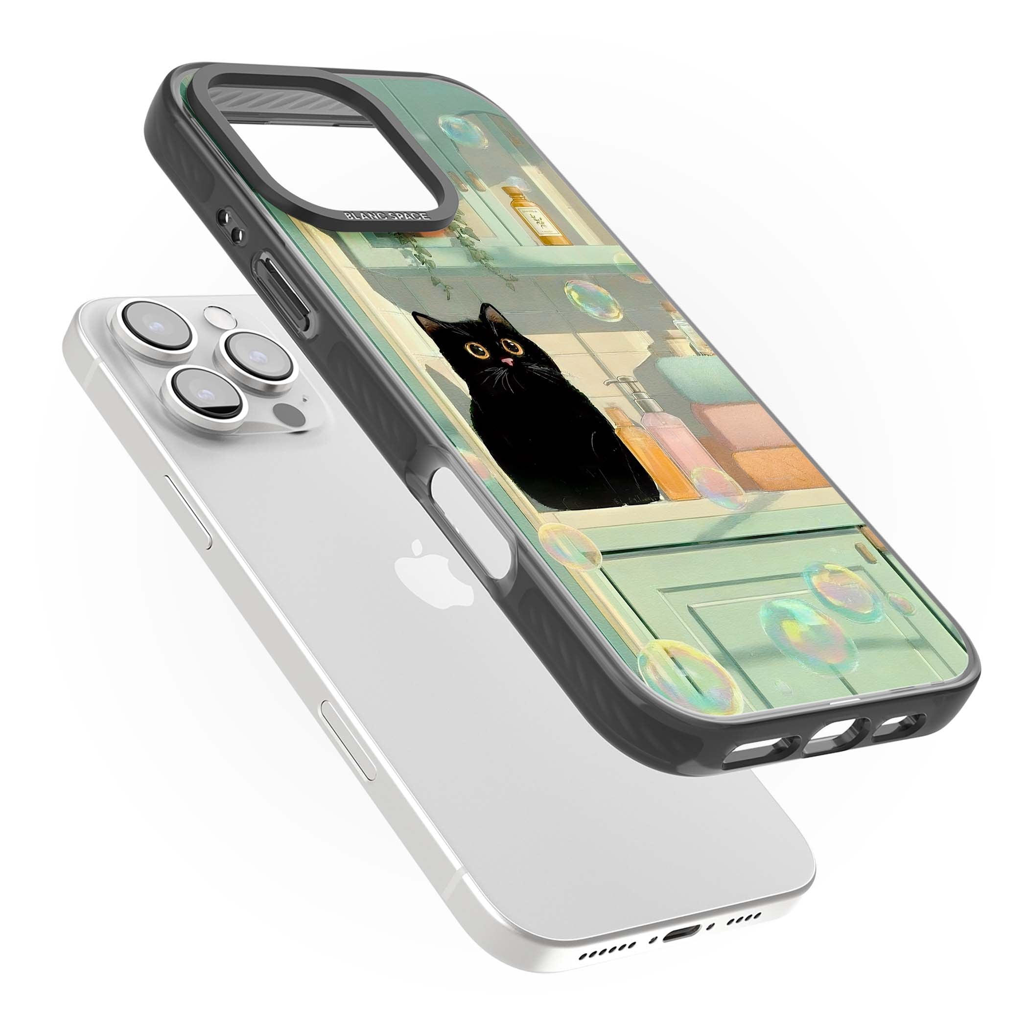 Bathroom Bubble Kitty cottagecore iPhone case featuring a black cat, mint bathroom scene and floating soap bubbles | Black Impact Magsafe case for iPhone 16 Pro, iPhone 16 Pro Max