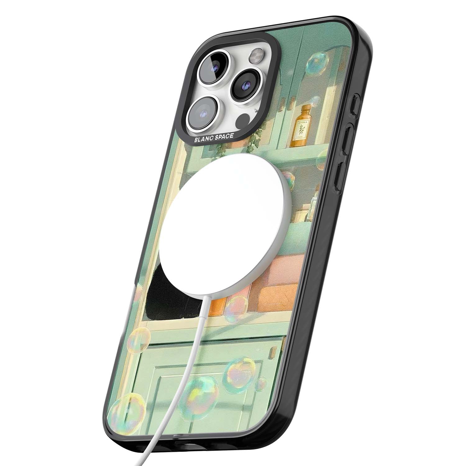 Bathroom Bubble Kitty cottagecore iPhone case featuring a black cat, mint bathroom scene and floating soap bubbles | Black Impact Magsafe case for iPhone 16 Pro, iPhone 16 Pro Max
