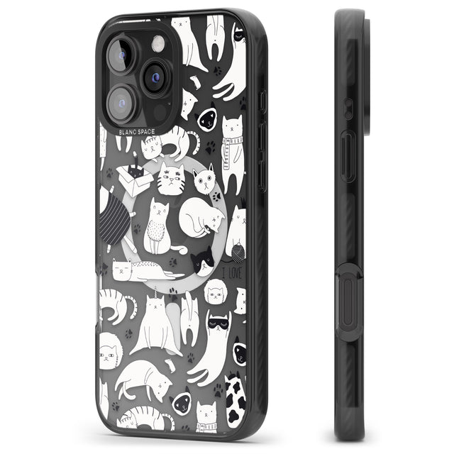 iPhone 16 Pro Max Cartoon Cat Collage - Black & White Black Impact Phone Case