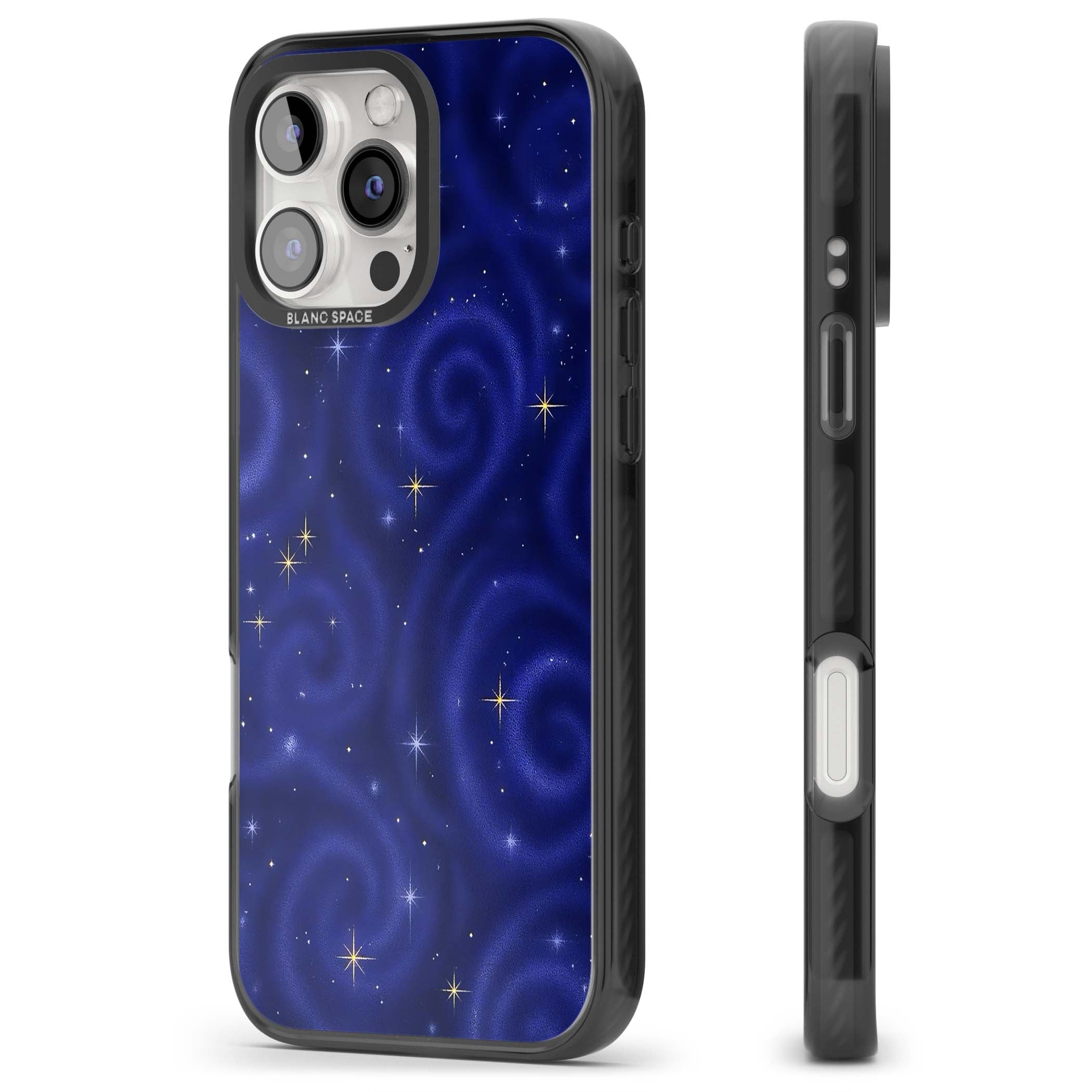 Indigo Cosmos celestial iPhone case featuring swirling navy night sky and sparkling golden stars | Black Impact Magsafe case for iPhone 16 Pro, iPhone 16 Pro Max