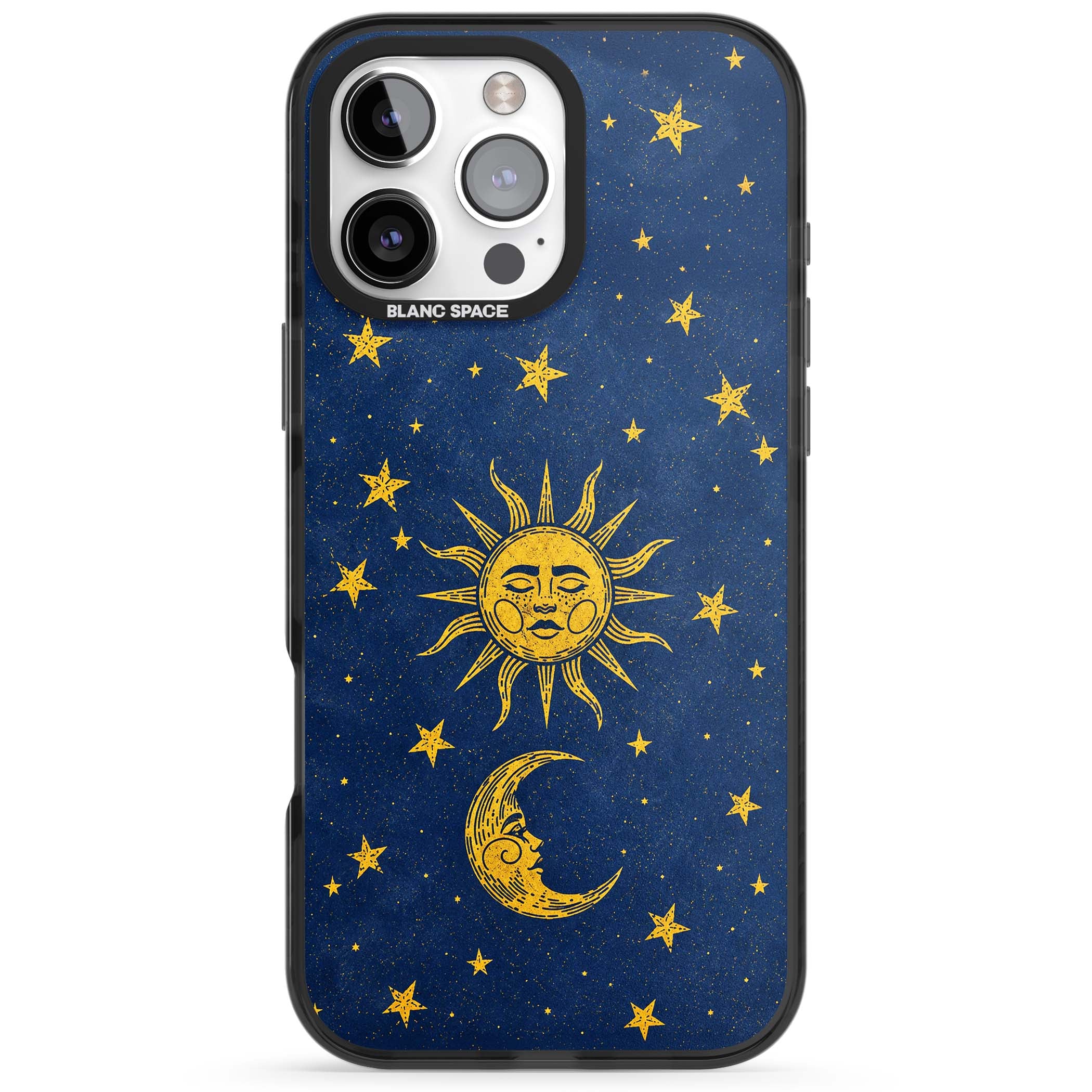 Sun & Moon Reverie celestial iPhone case featuring a vintage golden sun, crescent moon and scattered stars on midnight blue | Black Impact Magsafe case for iPhone 16 Pro, iPhone 16 Pro Max