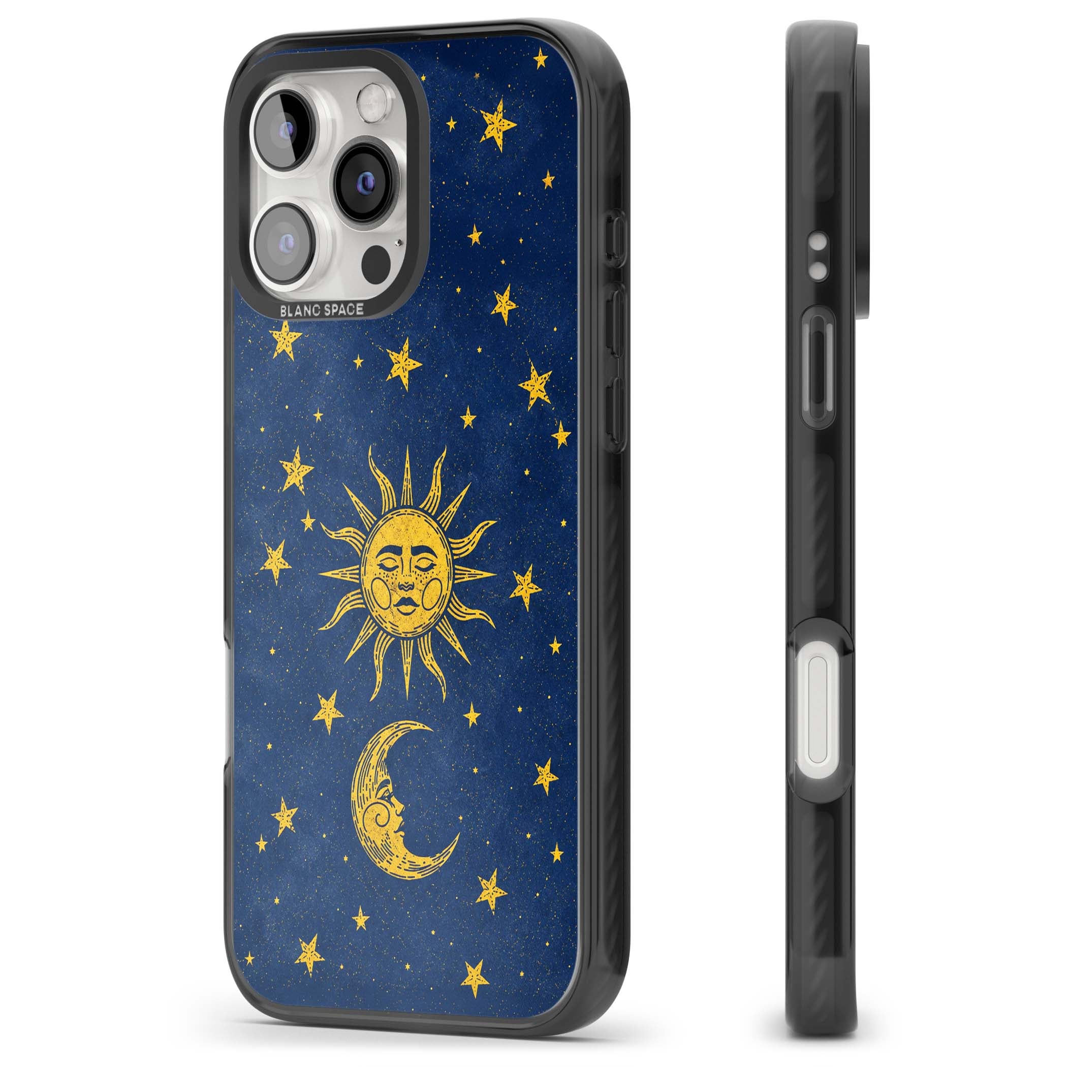 Sun & Moon Reverie celestial iPhone case featuring a vintage golden sun, crescent moon and scattered stars on midnight blue | Black Impact Magsafe case for iPhone 16 Pro, iPhone 16 Pro Max
