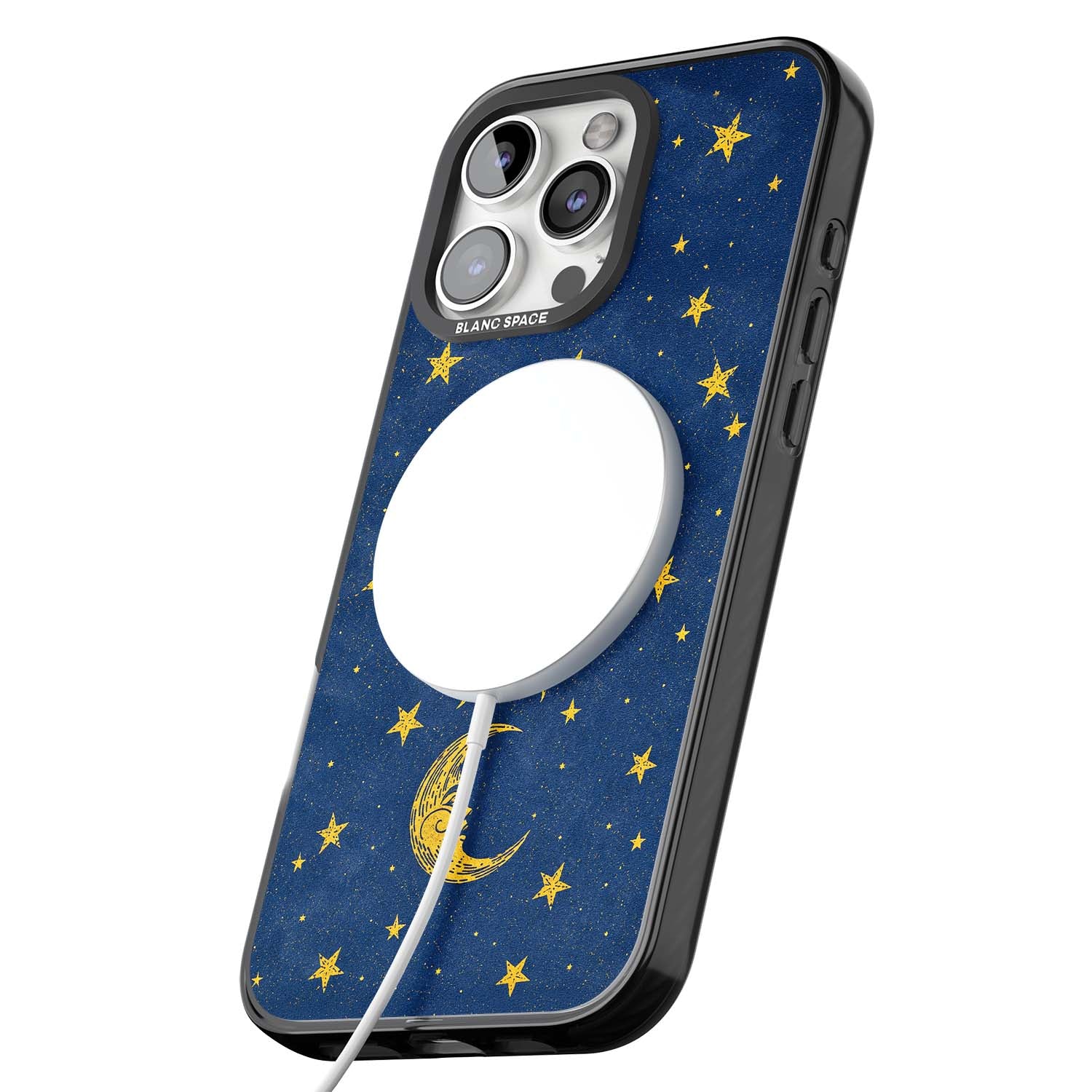 Sun & Moon Reverie celestial iPhone case featuring a vintage golden sun, crescent moon and scattered stars on midnight blue | Black Impact Magsafe case for iPhone 16 Pro, iPhone 16 Pro Max