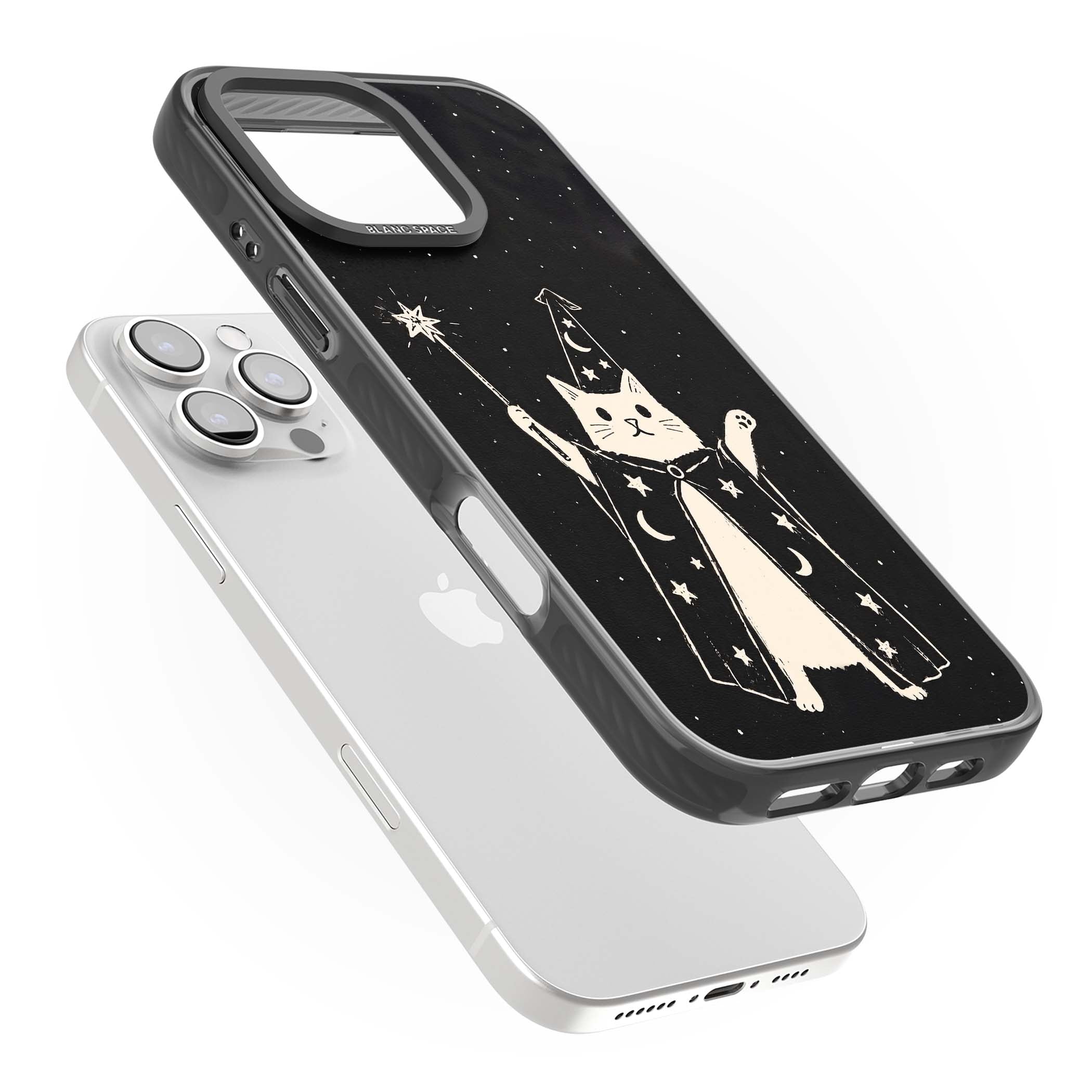 Whisker Wizard celestial cat iPhone case featuring a wizard cat with magic wand, starry night sky and crescent moons | Black Impact Magsafe case for iPhone 16 Pro, iPhone 16 Pro Max