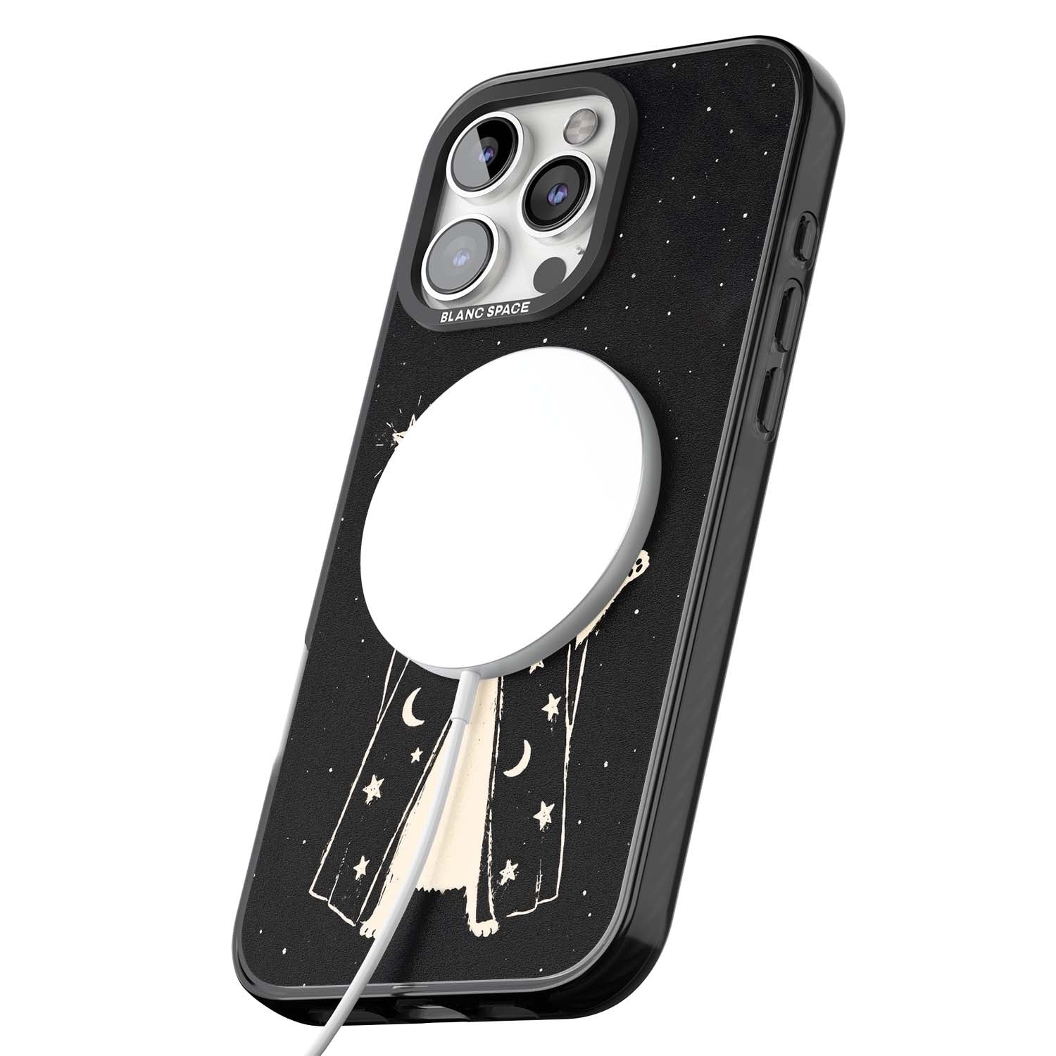 Whisker Wizard celestial cat iPhone case featuring a wizard cat with magic wand, starry night sky and crescent moons | Black Impact Magsafe case for iPhone 16 Pro, iPhone 16 Pro Max