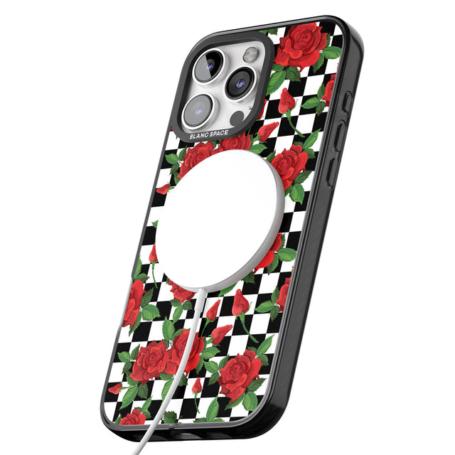 iPhone 16 Pro Max Checkered Pattern & Red Roses Black Impact Phone Case