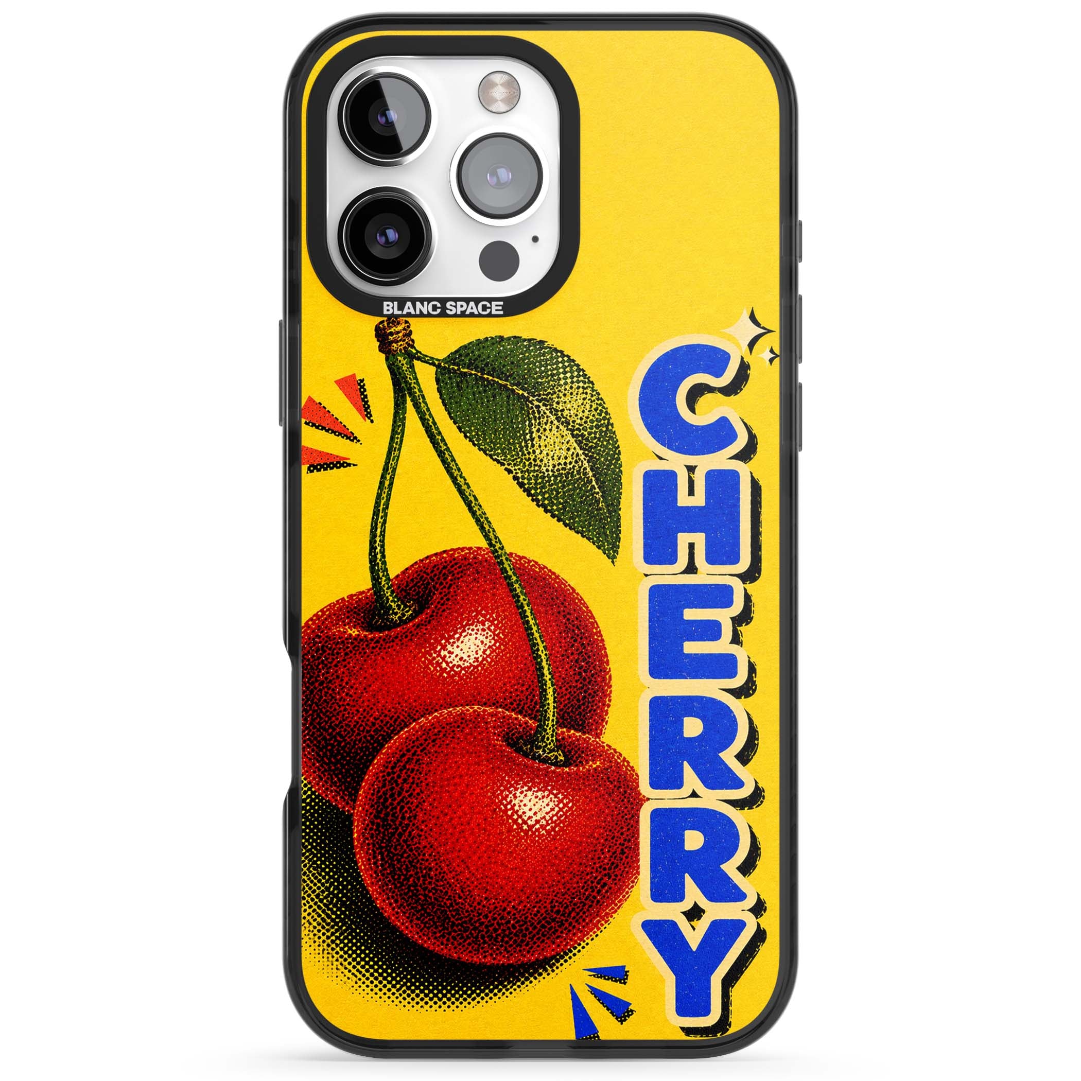 Cherry Yellow y2k iPhone case featuring two red cherries, halftone shading and bold blue CHERRY lettering on yellow | Black Impact Magsafe case for iPhone 16 Pro, iPhone 16 Pro Max