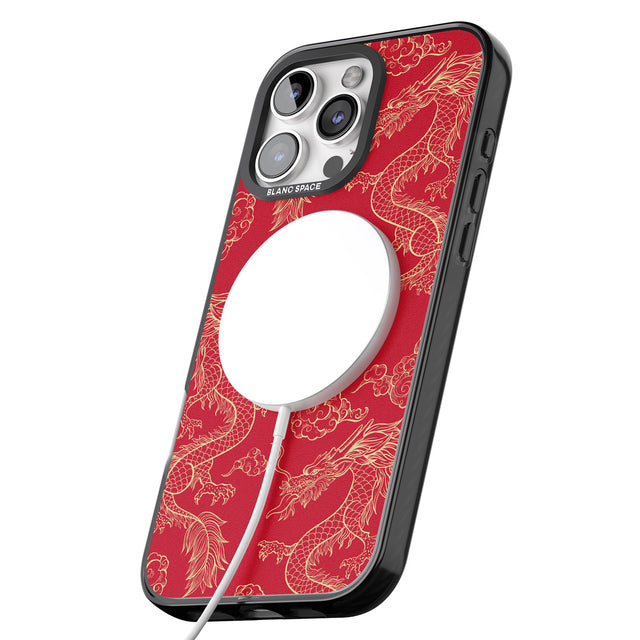 iPhone 16 Pro Max Red and Gold Dragon Pattern Black Impact Phone Case