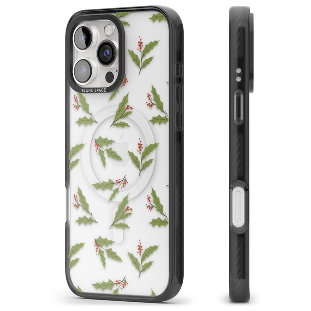 iPhone 16 Pro Max Christmas Holly Pattern Black Impact Phone Case