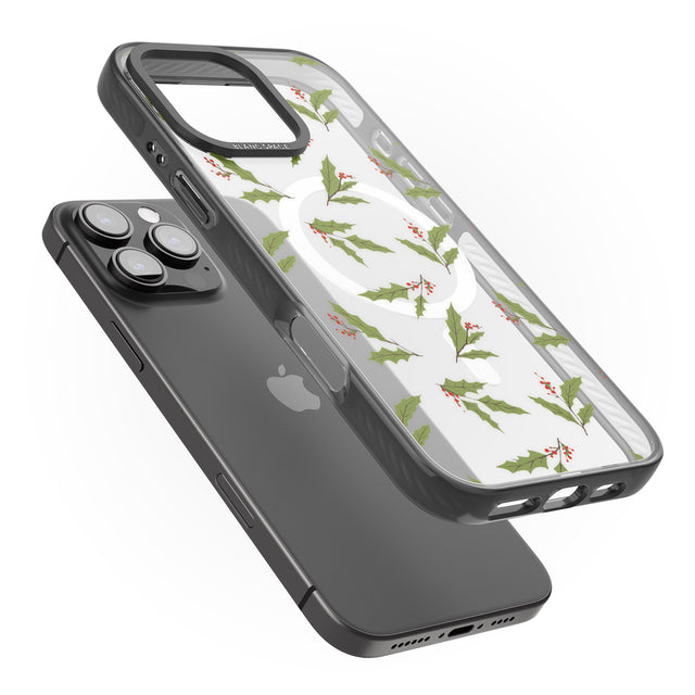 iPhone 16 Pro Max Christmas Holly Pattern Black Impact Phone Case