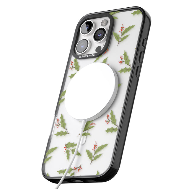 iPhone 16 Pro Max Christmas Holly Pattern Black Impact Phone Case