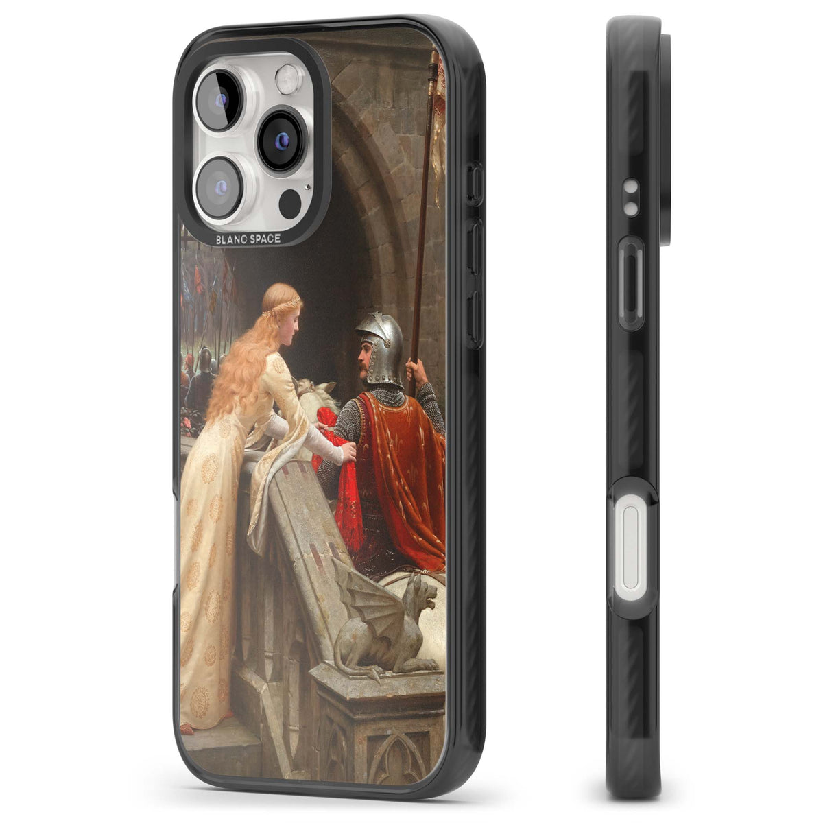 God Speed fine art iPhone case featuring Edmund Blair Leighton's medieval knight and lady beneath a stone archway | Black Impact Magsafe case for iPhone 16 Pro, iPhone 16 Pro Max