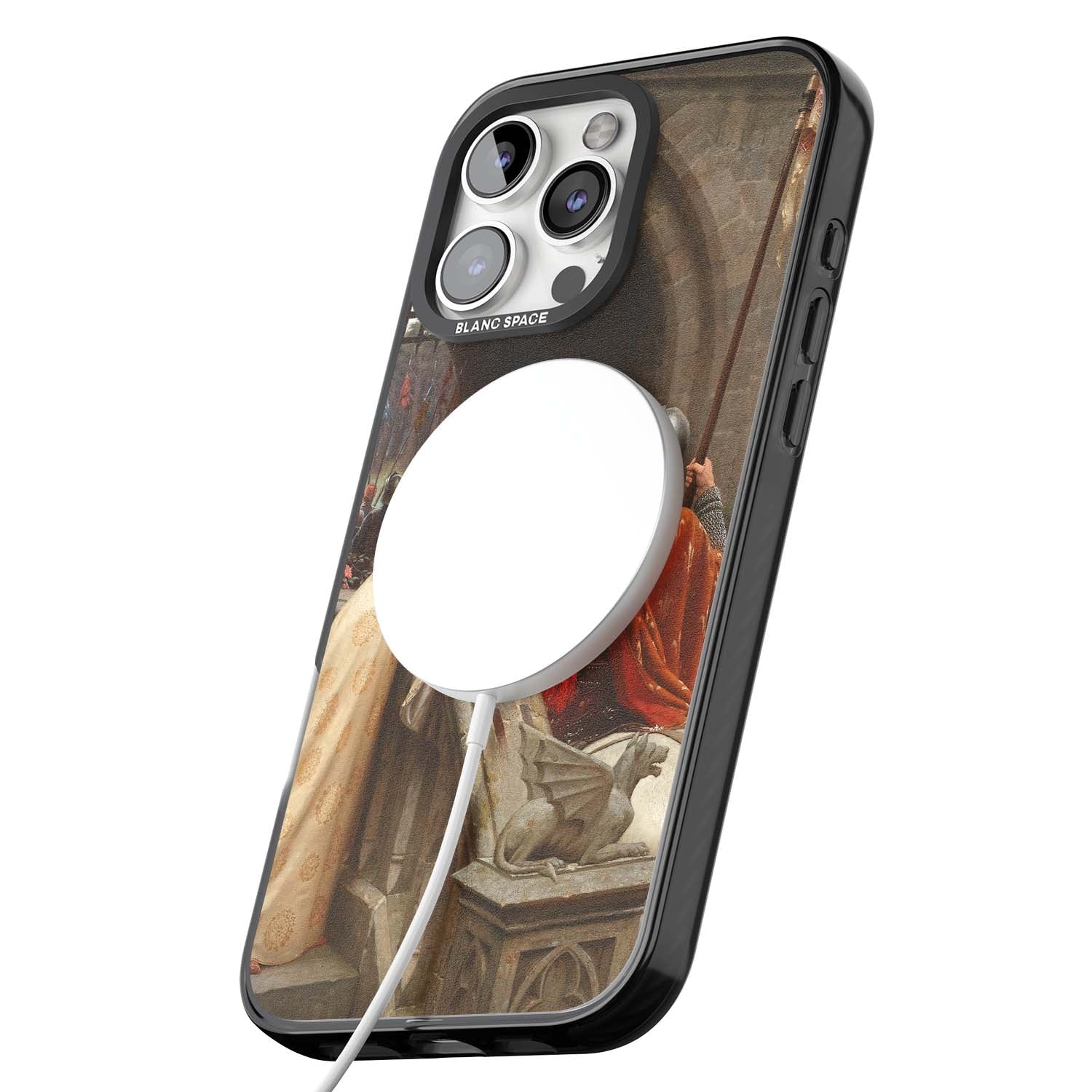 God Speed fine art iPhone case featuring Edmund Blair Leighton's medieval knight and lady beneath a stone archway | Black Impact Magsafe case for iPhone 16 Pro, iPhone 16 Pro Max