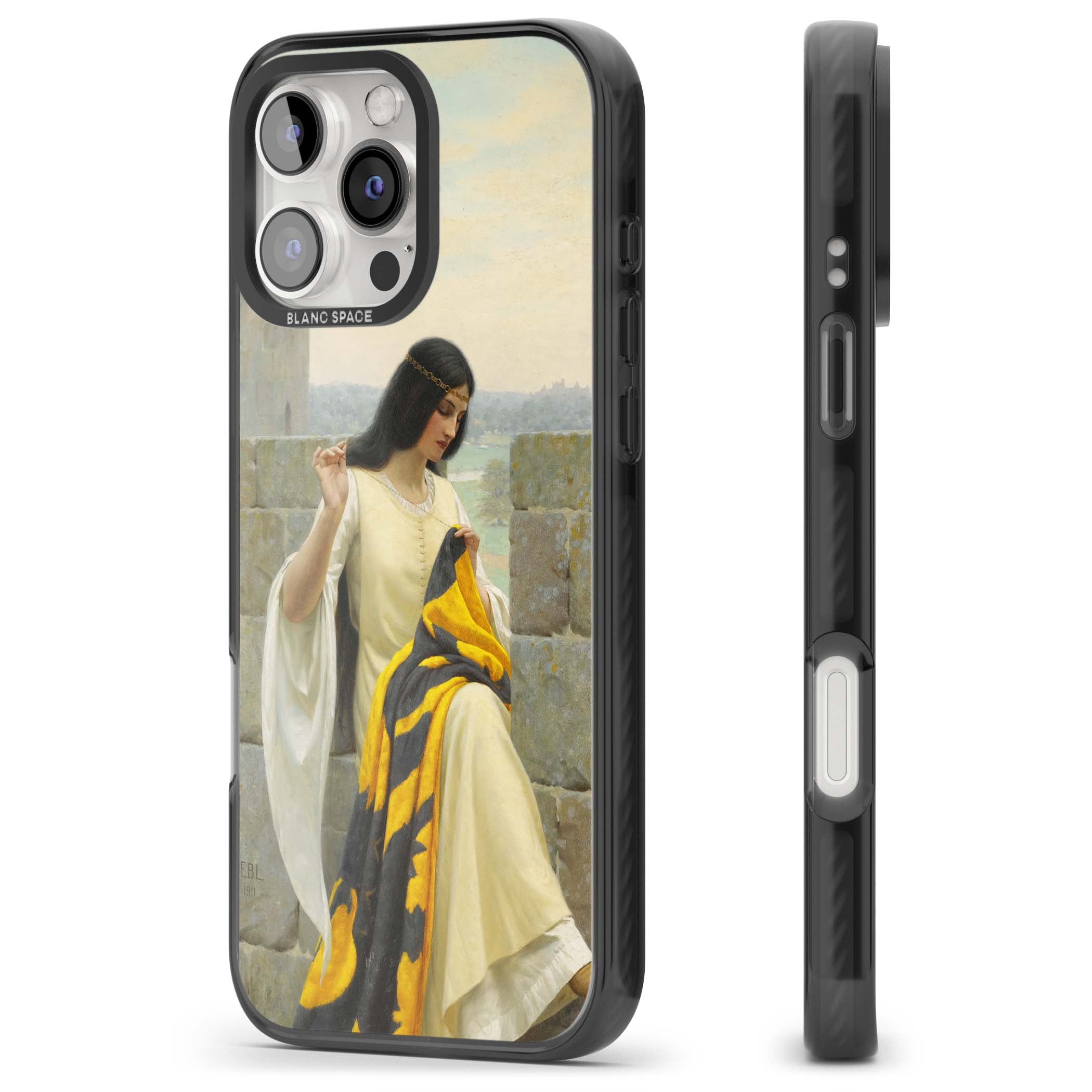 Stitching the Standard renaissance art iPhone case featuring a medieval lady sewing a golden banner on a castle wall | Black Impact Magsafe case for iPhone 16 Pro, iPhone 16 Pro Max