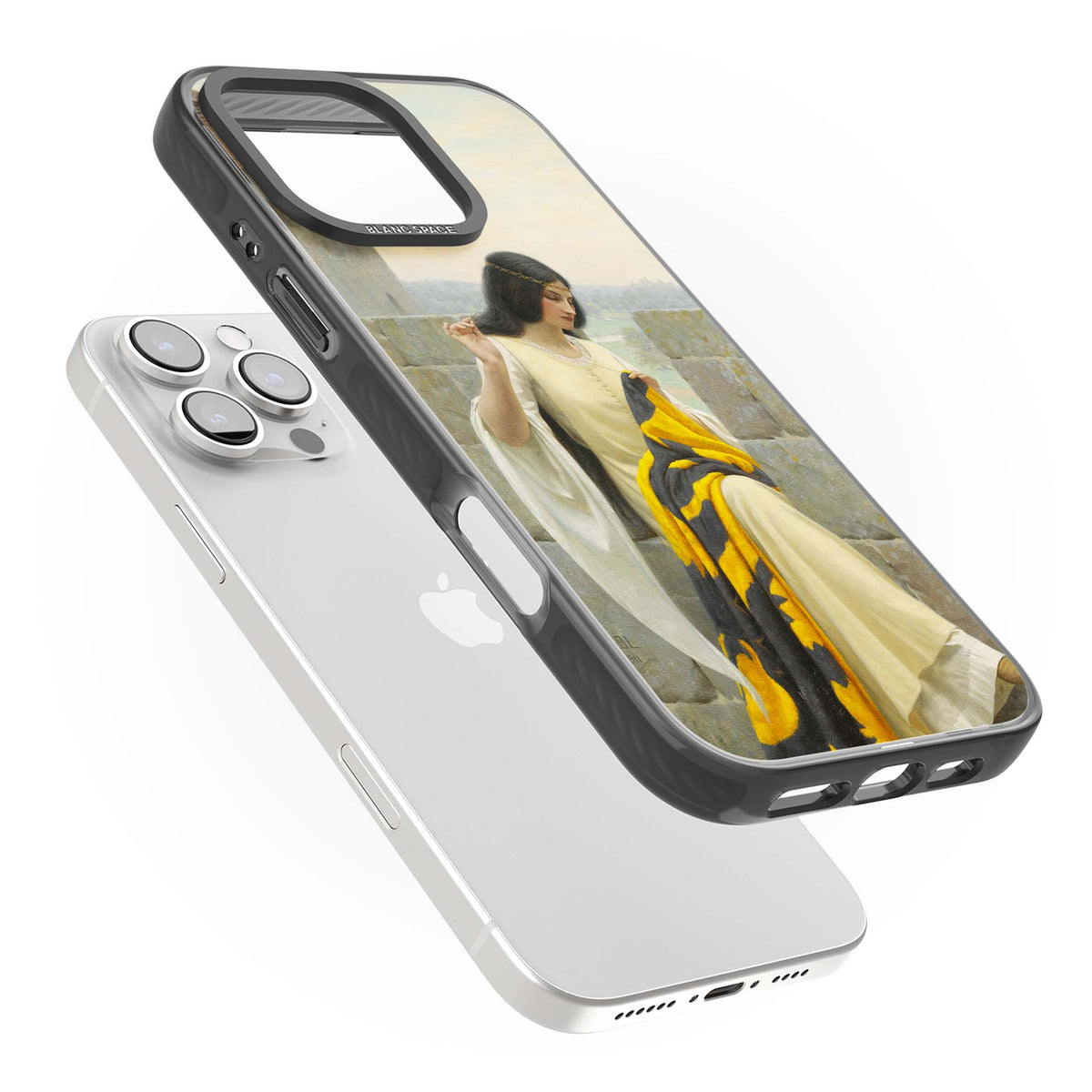 Stitching the Standard renaissance art iPhone case featuring a medieval lady sewing a golden banner on a castle wall | Black Impact Magsafe case for iPhone 16 Pro, iPhone 16 Pro Max