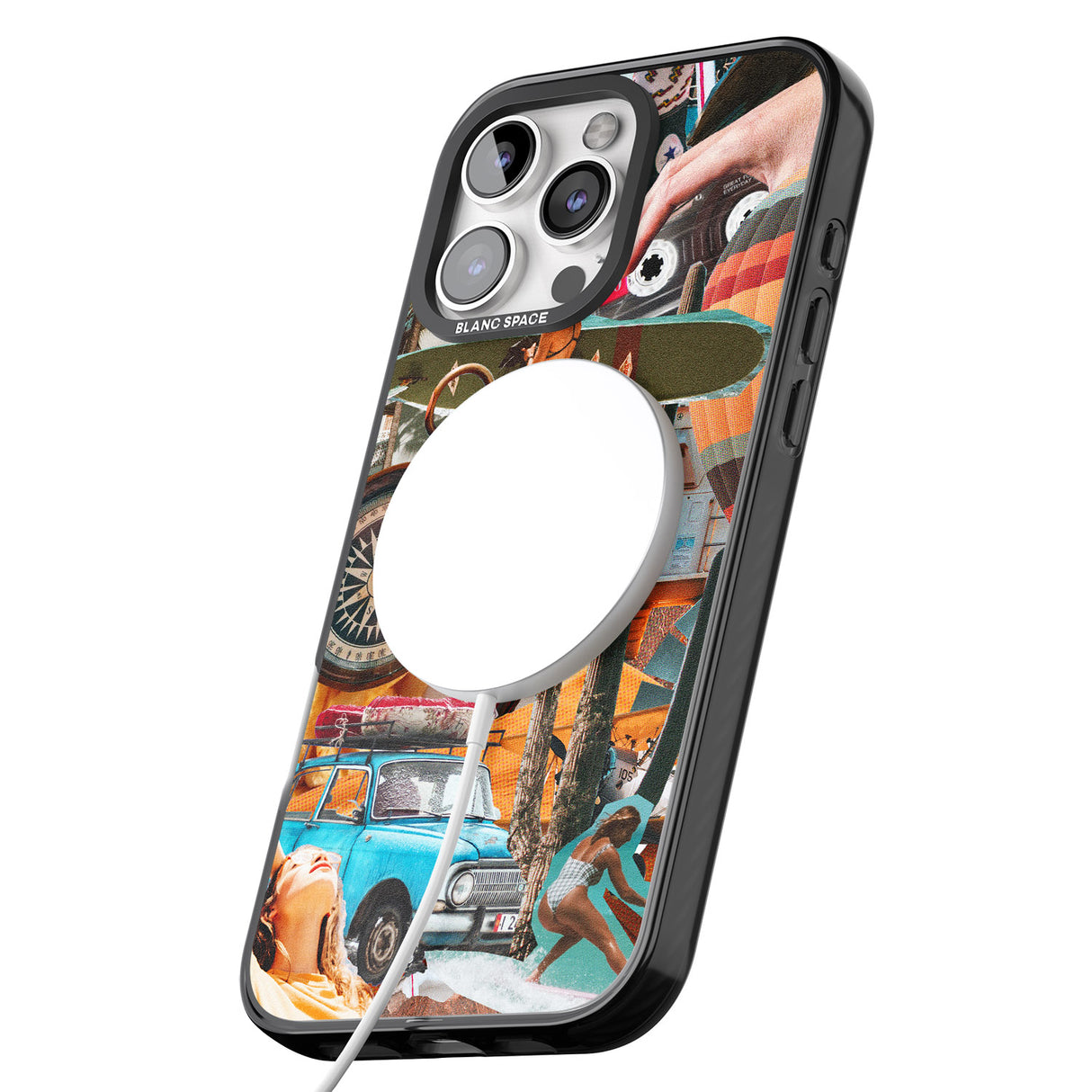 iPhone 16 Pro Max Vintage Collage: Road Trip Black Impact Phone Case