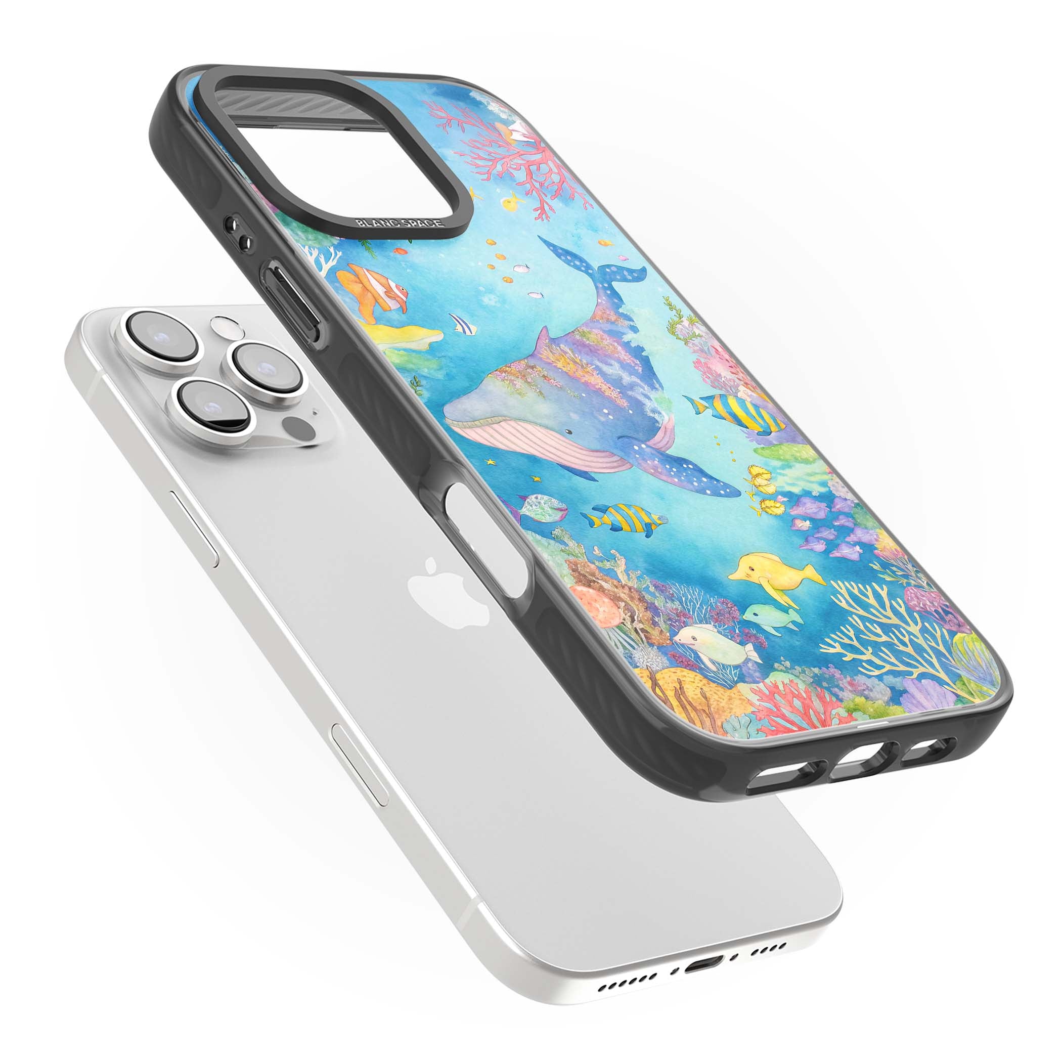 Coral Lagoon ocean iPhone case featuring a watercolour whale, coral reef and tropical fish | Black Impact Magsafe case for iPhone 16 Pro, iPhone 16 Pro Max