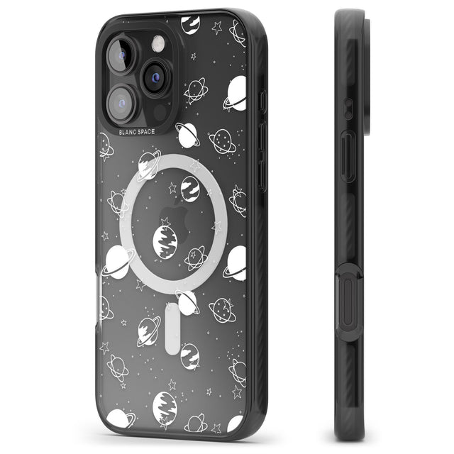 iPhone 16 Pro Max White Planets on Clear Black Impact Phone Case