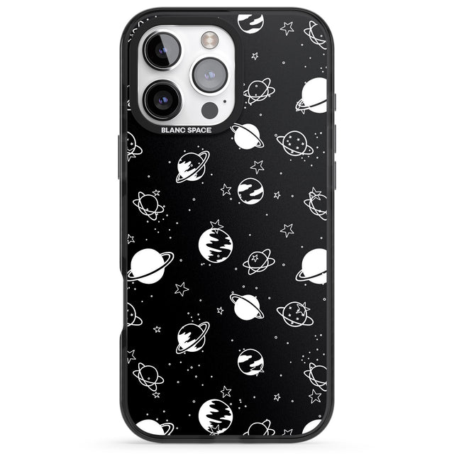 iPhone 16 Pro Max White Planets on Black Black Impact Phone Case