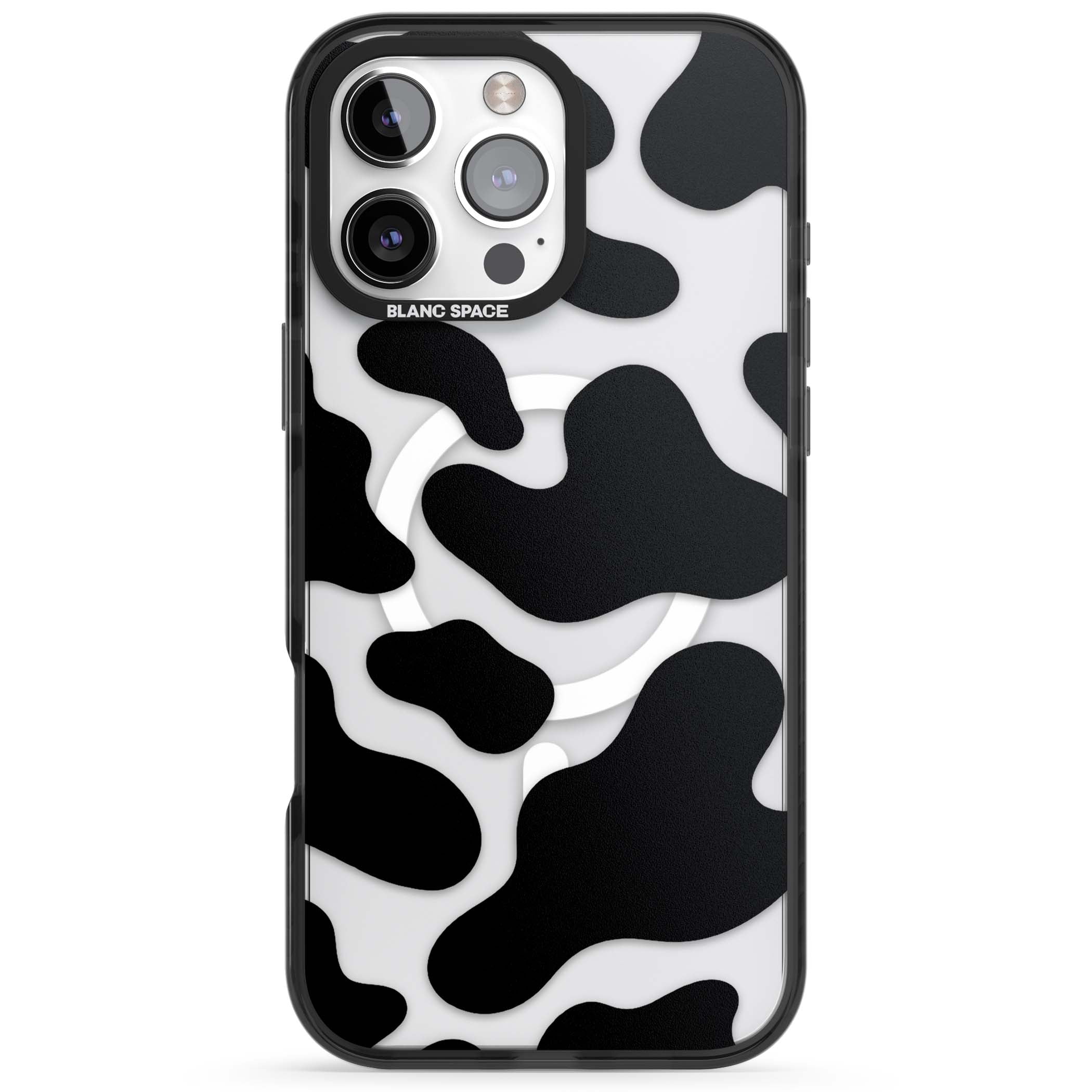 Clear Cow Print cow print iPhone case featuring black and white cow pattern splotches on a clear background | Black Impact Magsafe case for iPhone 16 Pro, iPhone 16 Pro Max