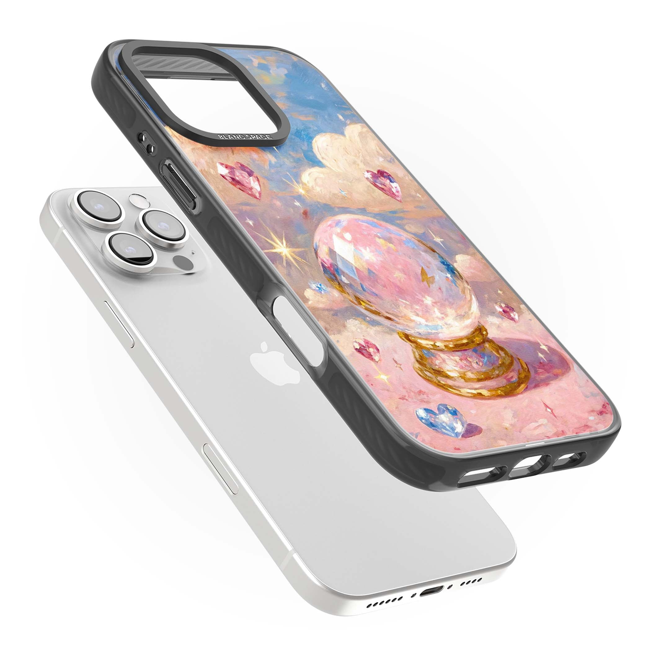 Crystal Ball fairycore iPhone case featuring a painted crystal ball, heart gemstones, and pastel clouds | Black Impact Magsafe case for iPhone 16 Pro, iPhone 16 Pro Max