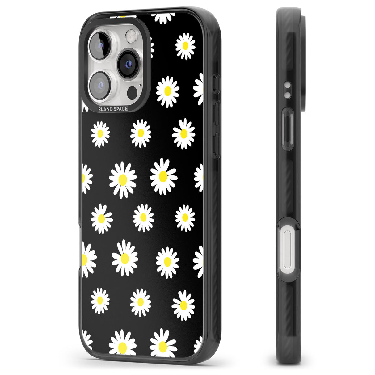 iPhone 16 Pro Max White Daisy Pattern (Black) Black Impact Phone Case