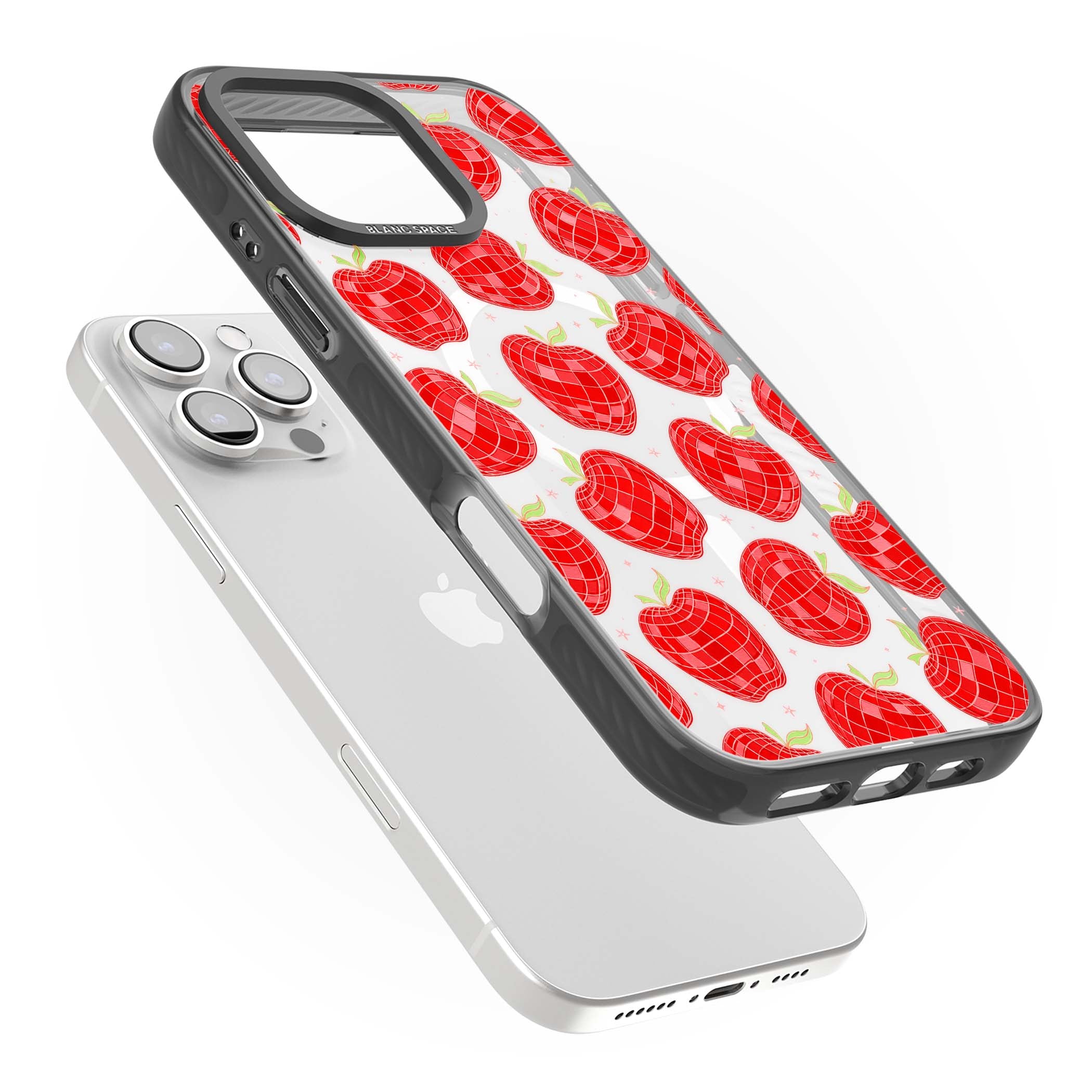 Disco Apples Y2K iPhone case featuring red disco ball apples, green leaves and pink sparkles on clear | Black Impact Magsafe case for iPhone 16 Pro, iPhone 16 Pro Max