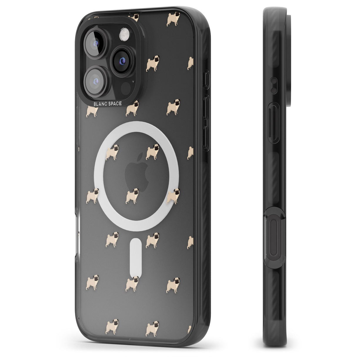 iPhone 16 Pro Max Pug Dog Pattern Clear Black Impact Phone Case