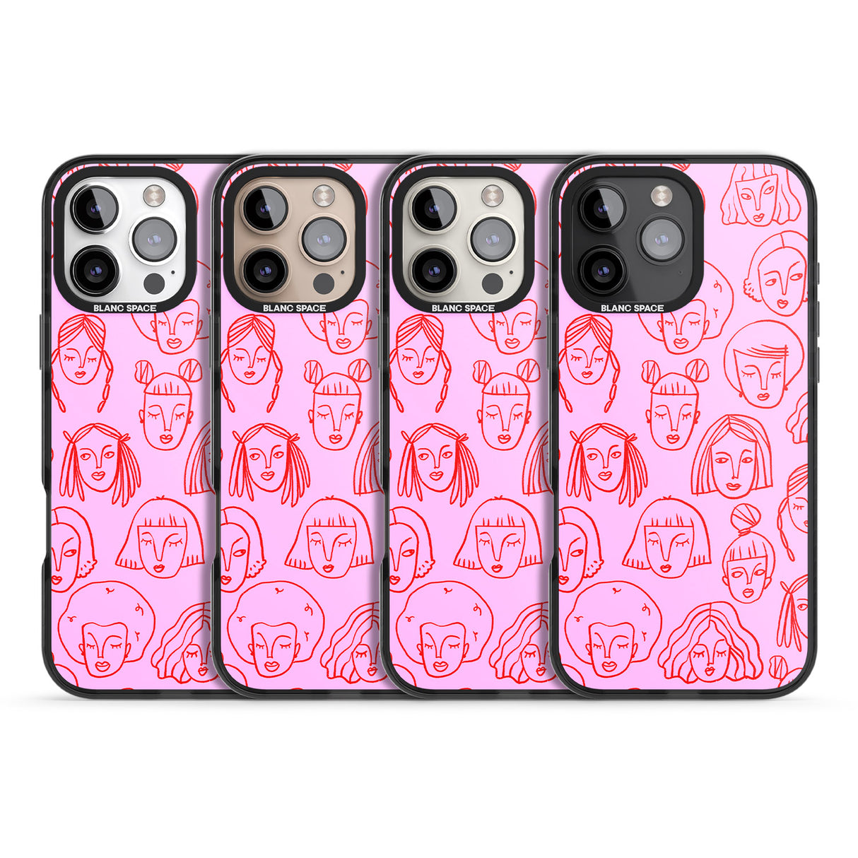 iPhone 16 Pro Max Girl Portrait Doodles in Pink & Red Black Impact Phone Case