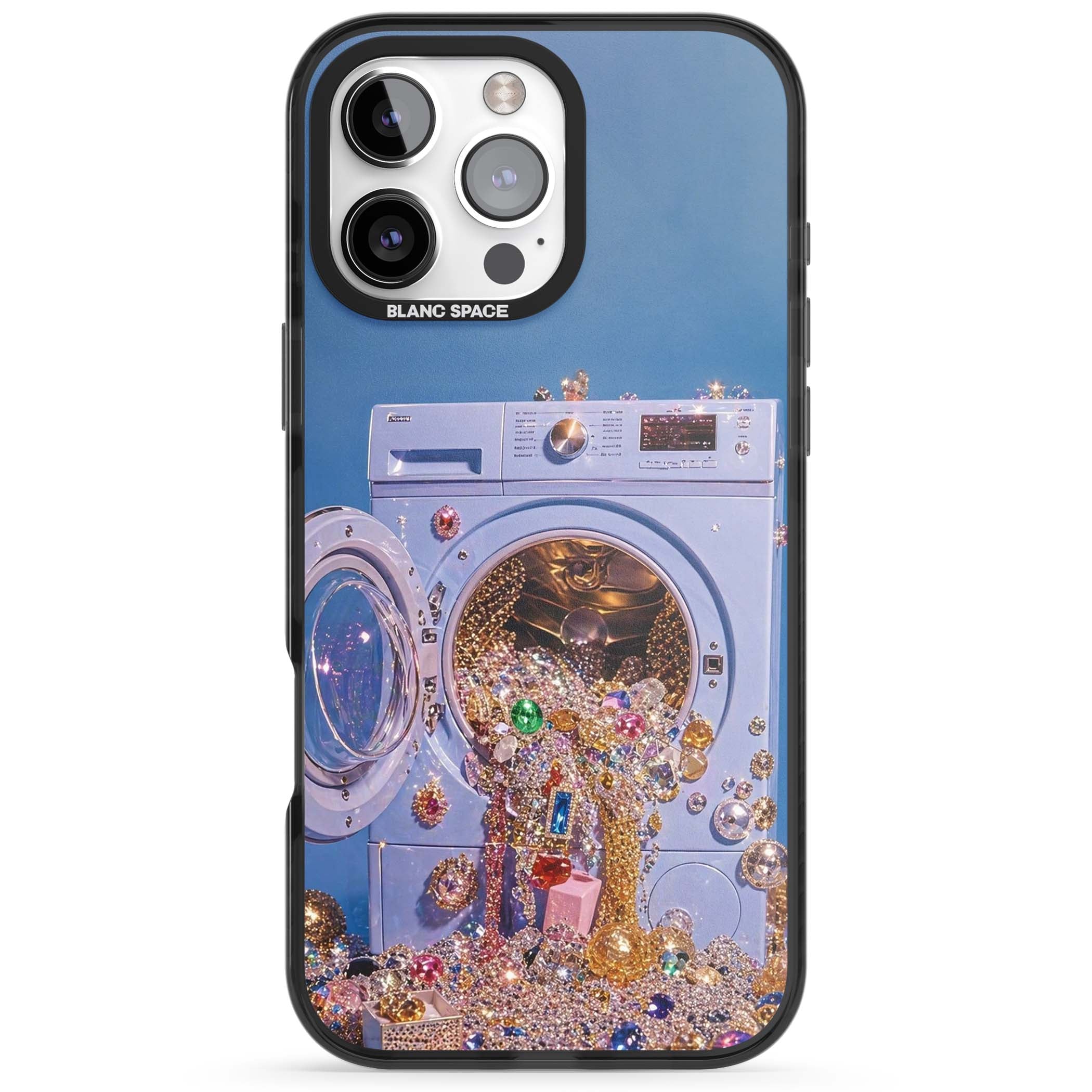 Gem Laundry baddie iPhone case featuring a surreal washing machine overflowing with colourful gemstones and crystals | Black Impact Magsafe case for iPhone 16 Pro, iPhone 16 Pro Max