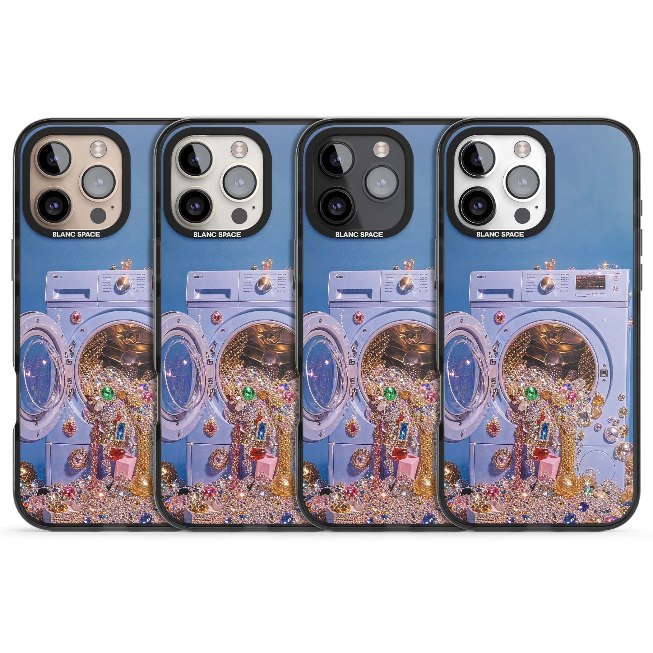 Gem Laundry baddie iPhone case featuring a surreal washing machine overflowing with colourful gemstones and crystals | Black Impact Magsafe case for iPhone 16 Pro, iPhone 16 Pro Max