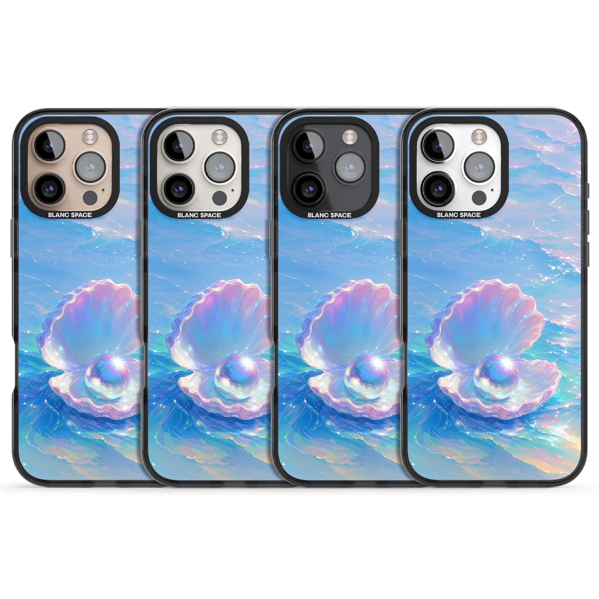 The Pearl Clam mermaidcore iPhone case featuring iridescent seashell, glowing pearl and pastel ocean waves | Black Impact Magsafe case for iPhone 16 Pro, iPhone 16 Pro Max