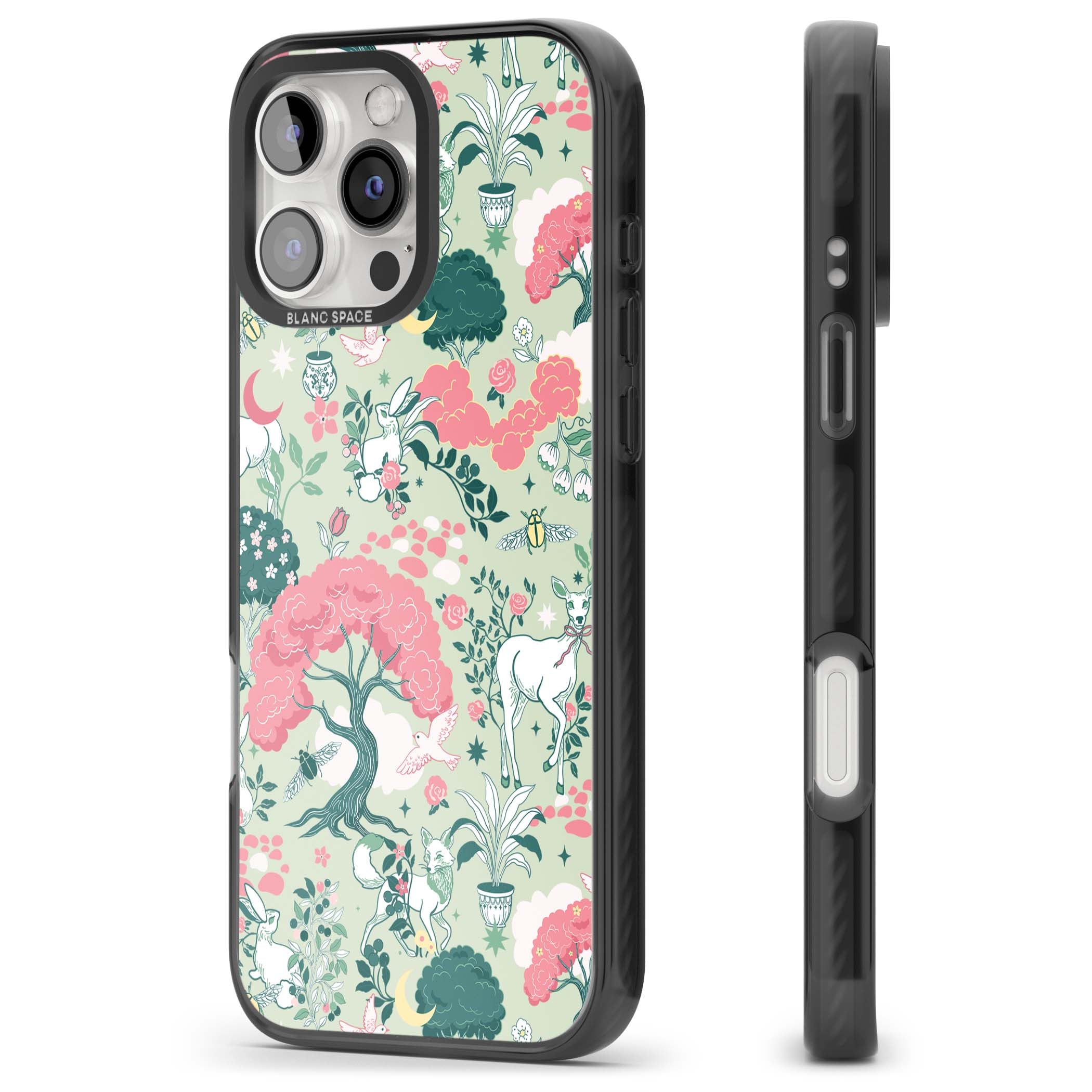 Enchanted Woodland cottagecore iPhone case featuring white deer, pink roses, mushrooms and woodland animals on sage green | Black Impact Magsafe case for iPhone 16 Pro, iPhone 16 Pro Max