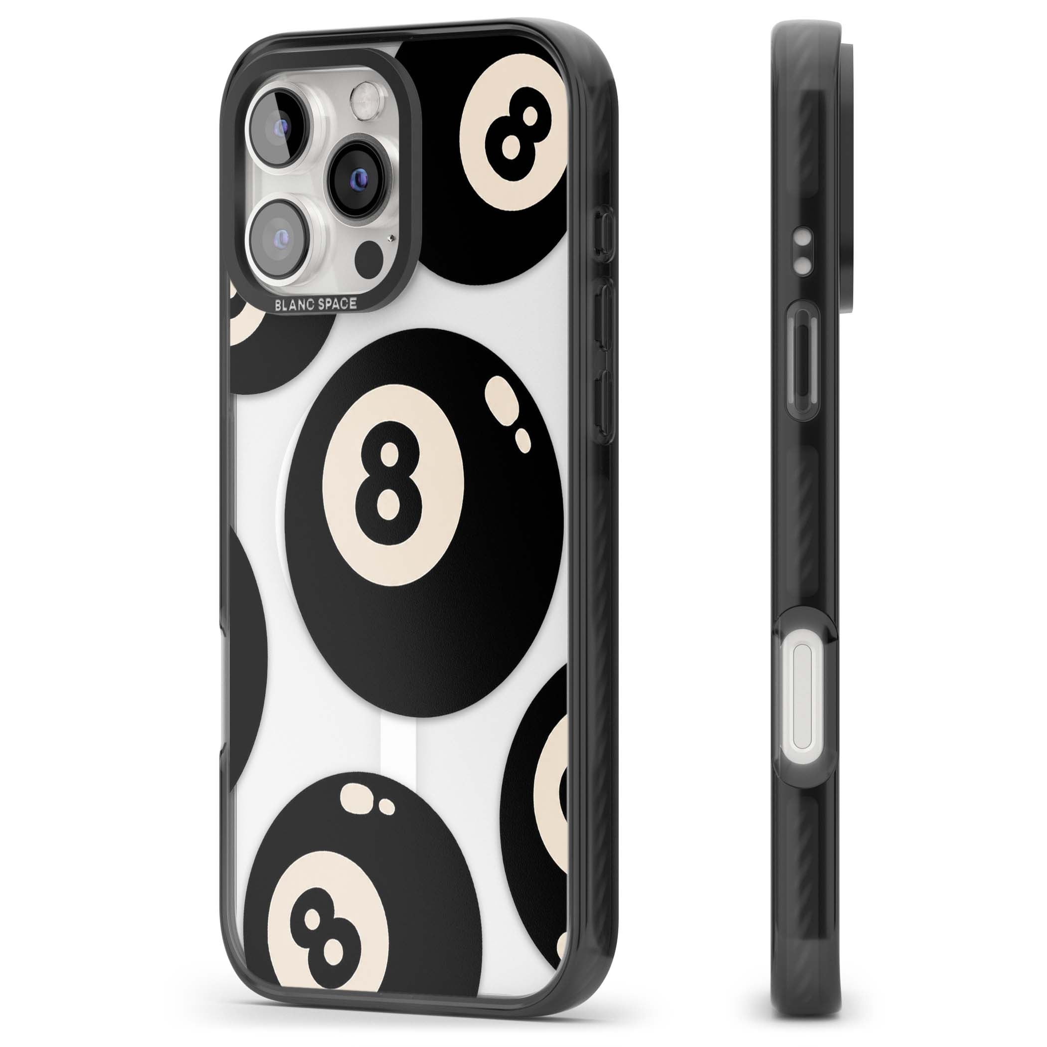 Eights y2k iPhone case featuring scattered black 8 balls with cream highlights on a clear background | Black Impact Magsafe case for iPhone 16 Pro, iPhone 16 Pro Max
