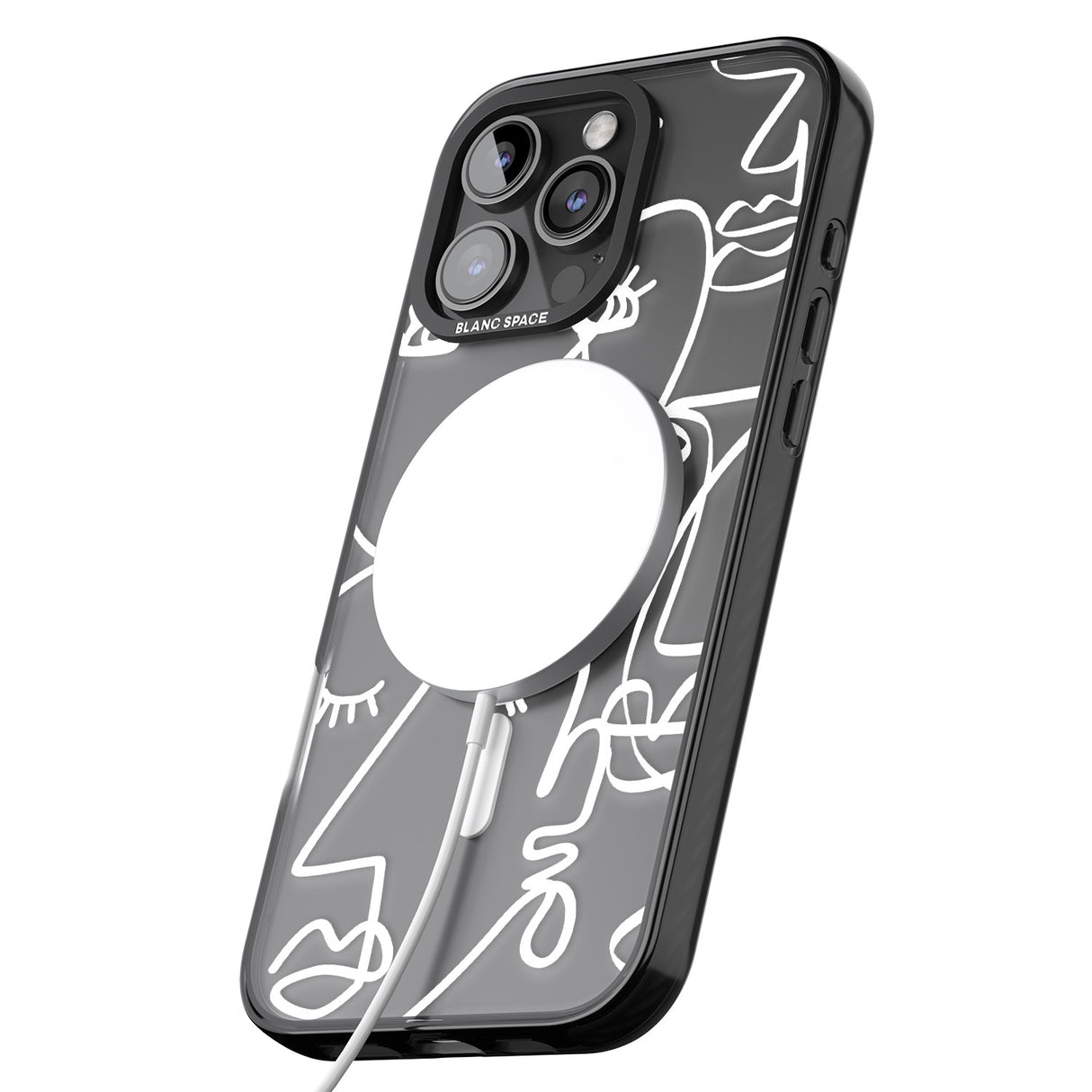 iPhone 16 Pro Max Abstract Continuous Line Faces White on Clear Black Impact Phone Case