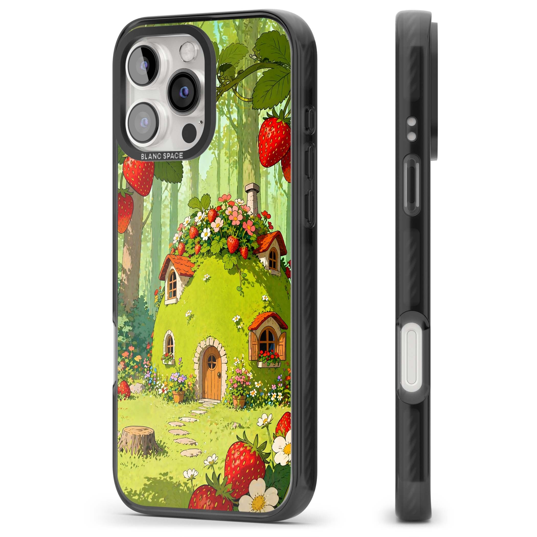 Strawberry Cottage cottagecore iPhone case featuring a green fairy house, wild strawberries and enchanted forest flowers | Black Impact Magsafe case for iPhone 16 Pro, iPhone 16 Pro Max