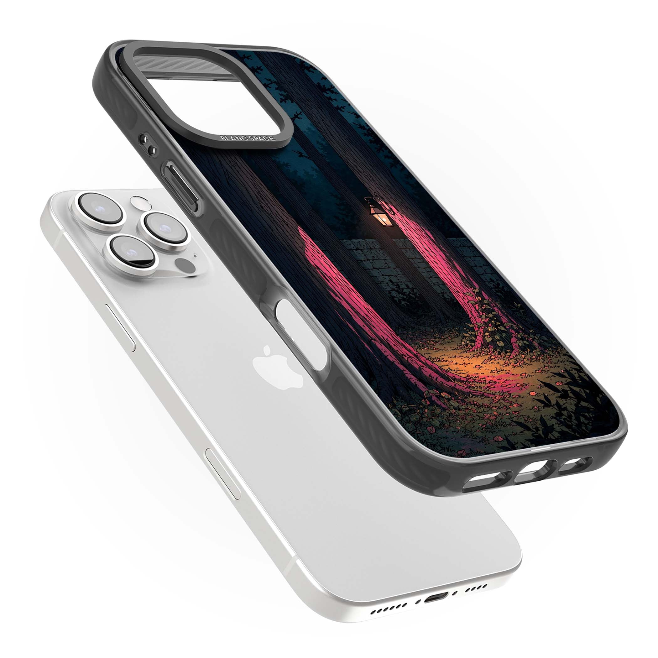 Forest Lantern dark academia iPhone case featuring a moonlit forest, glowing lantern, and stone wall pathway | Black Impact Magsafe case for iPhone 16 Pro, iPhone 16 Pro Max