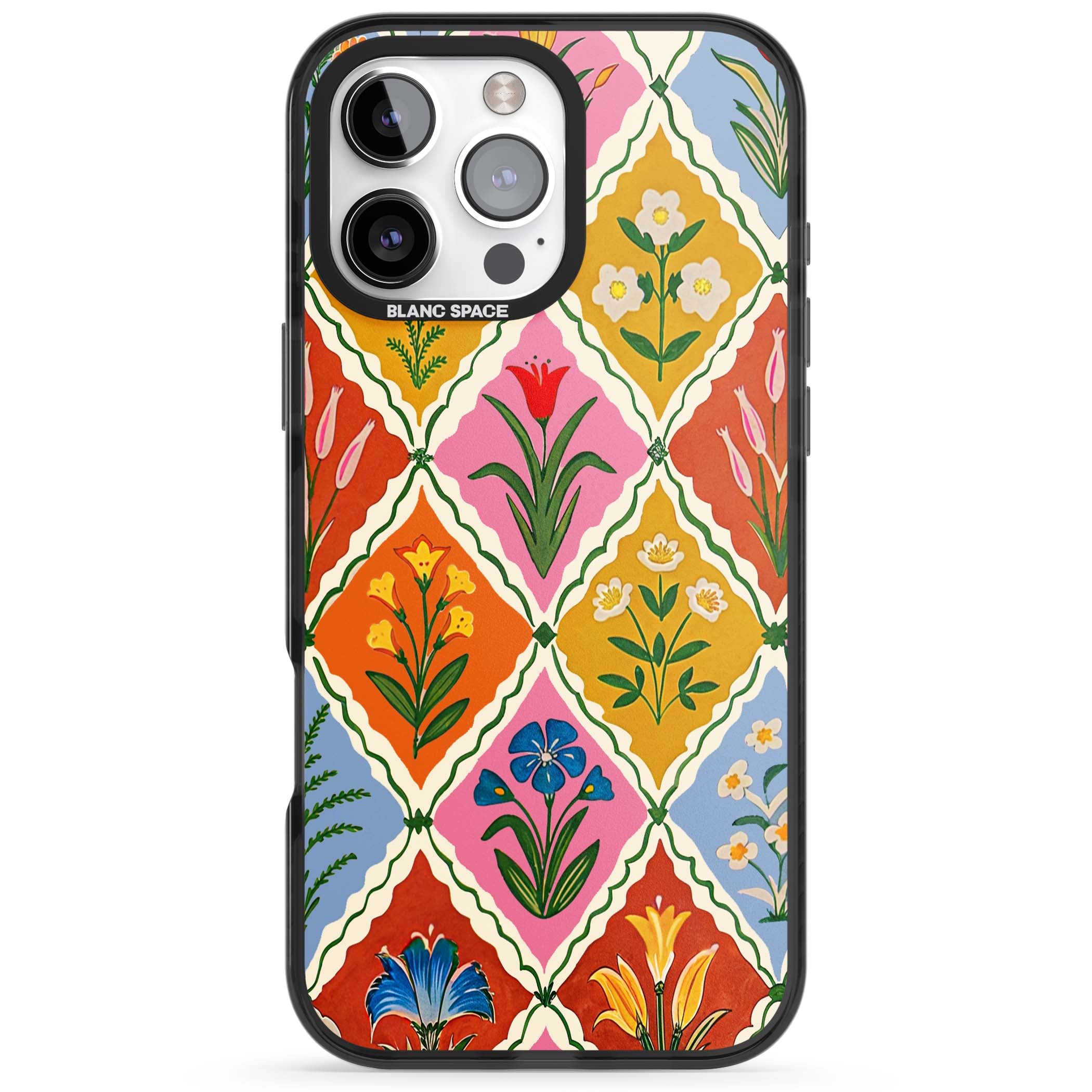 Floral Quilt boho floral iPhone case featuring diamond lattice pattern, hand-painted tulips and folk art wildflowers | Black Impact Magsafe case for iPhone 16 Pro, iPhone 16 Pro Max