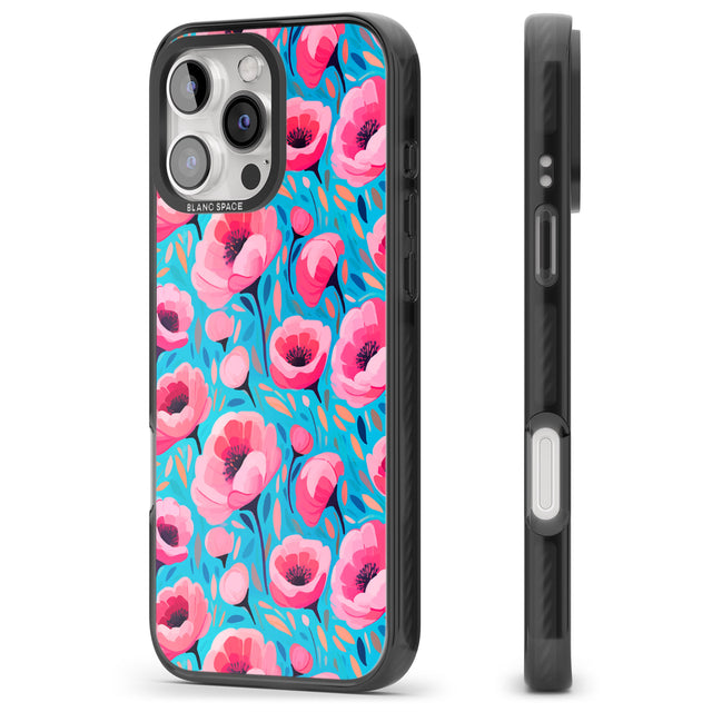 iPhone 16 Pro Max Tropical Pink Poppies Black Impact Phone Case