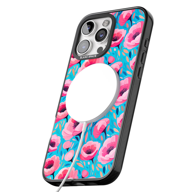 iPhone 16 Pro Max Tropical Pink Poppies Black Impact Phone Case