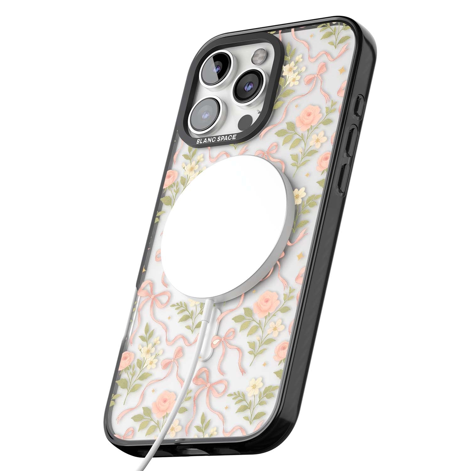 Ribbon Garden coquette iPhone case featuring pink bows, peach roses and wildflowers on white background | Black Impact Magsafe case for iPhone 16 Pro, iPhone 16 Pro Max