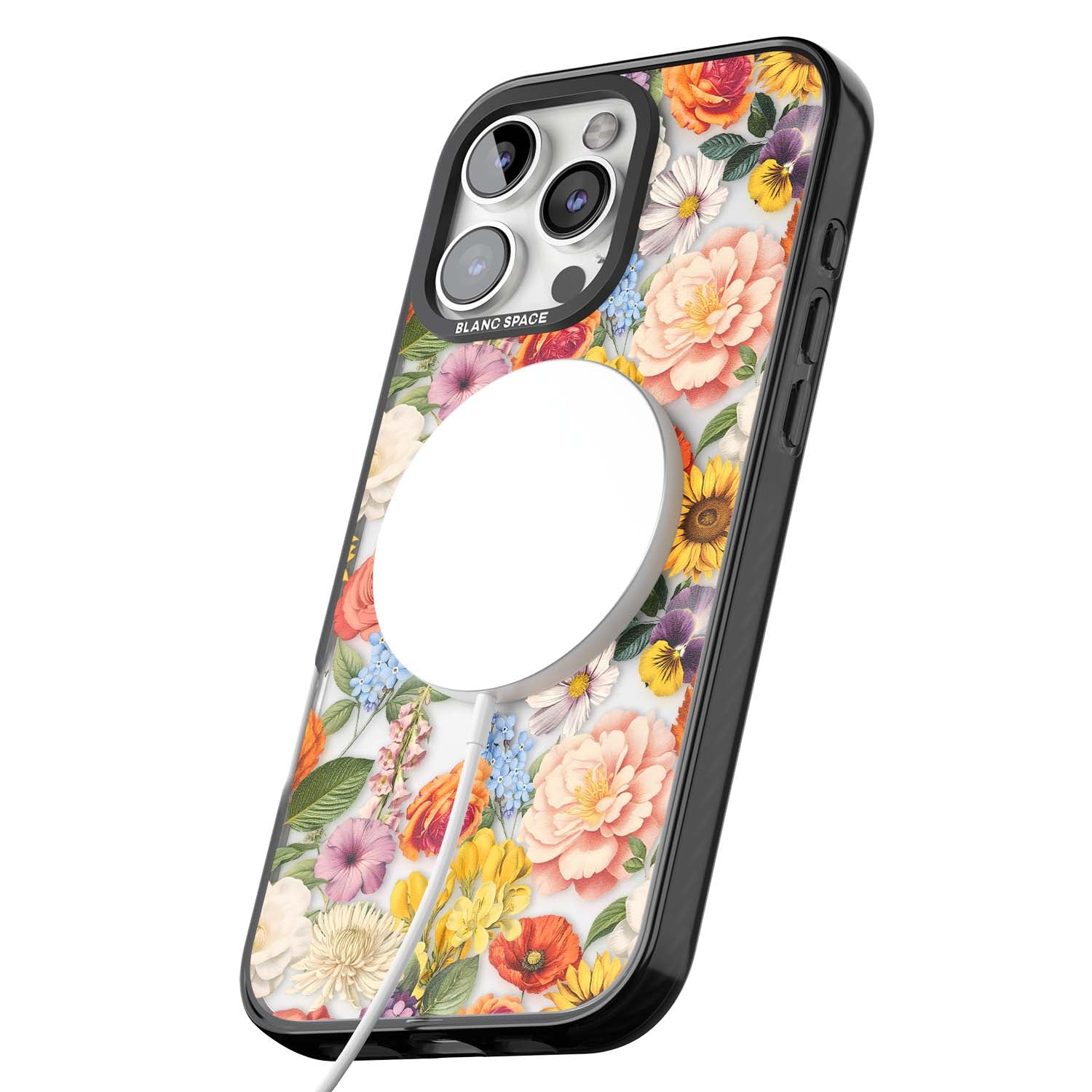 Bloom Basket floral iPhone case featuring cottage garden flowers including peonies, sunflowers, and wildflowers in pastel col | Black Impact Magsafe case for iPhone 16 Pro, iPhone 16 Pro Max