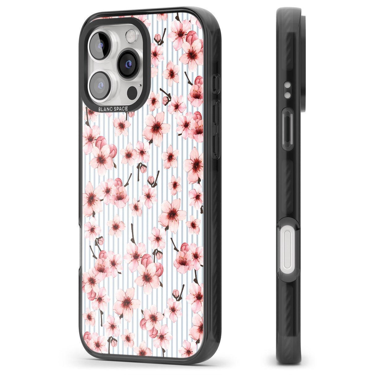 iPhone 16 Pro Max Cherry Blossoms on Blue Stripes Pattern Black Impact Phone Case