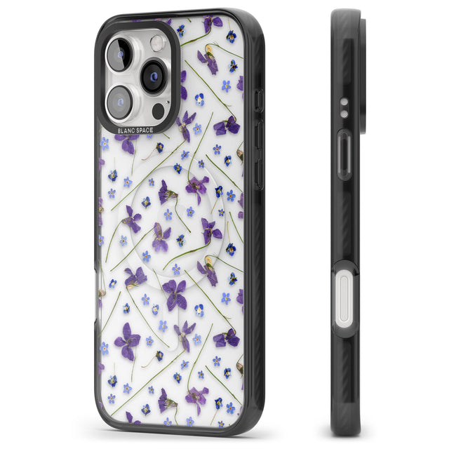 iPhone 16 Pro Max Violet & Blue Floral Pattern Design Black Impact Phone Case