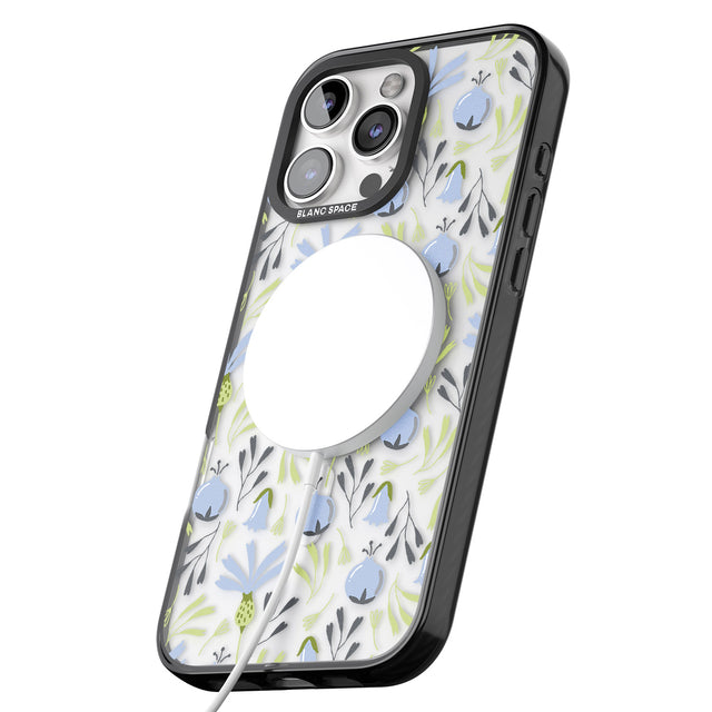 iPhone 16 Pro Max Blue Flora Transparent Floral Black Impact Phone Case