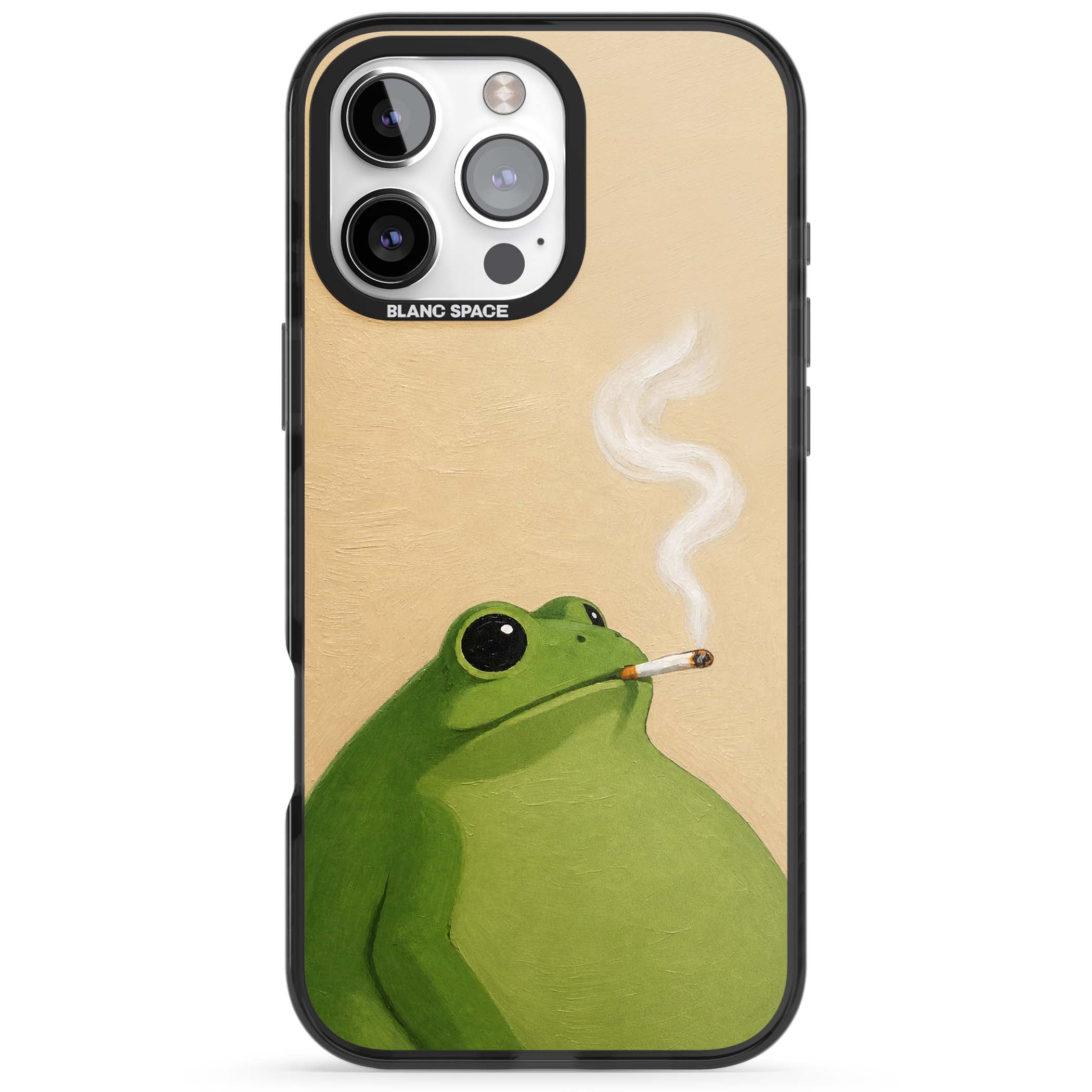 The Smoking Frog cottagecore iPhone case featuring a hand-painted green frog smoking a cigarette on a cream oil painting back | Black Impact Magsafe case for iPhone 16 Pro, iPhone 16 Pro Max