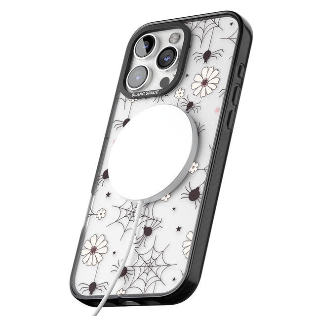 Spiders and Flowers Pattern Black Impact Magsafe Phone Case for iPhone 16 Pro, iPhone 16 Pro Max