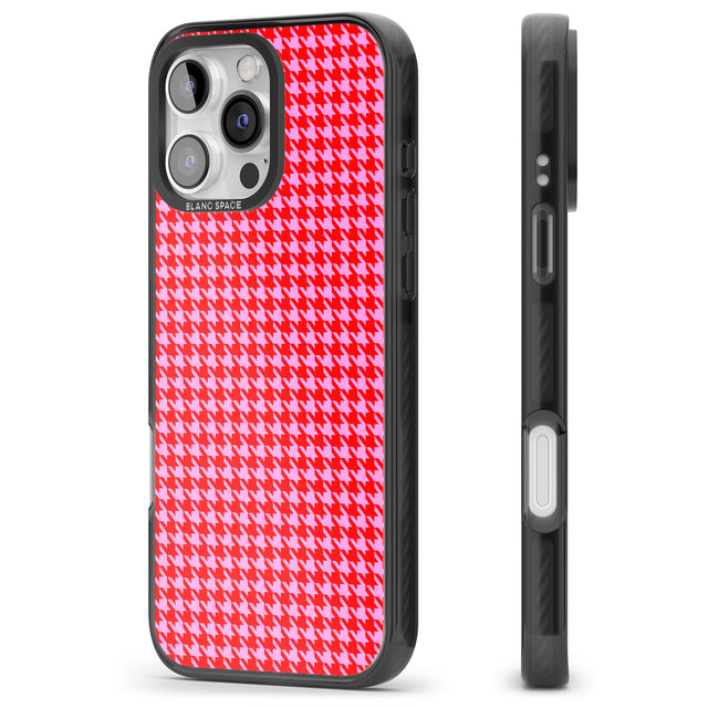 iPhone 16 Pro Max Neon Pink & Red Houndstooth Pattern Black Impact Phone Case